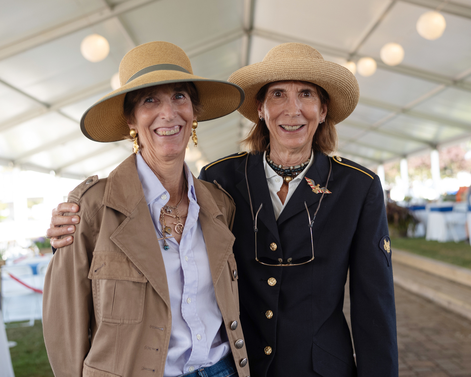 Nancy Banfield and Sue Ellen Marder O'Connor pose for a photos during the $10,000 Marders Local Hunter Derby on Sunday, August 27, 2023 in Bridgehampton, New York. LORI HAWKINS