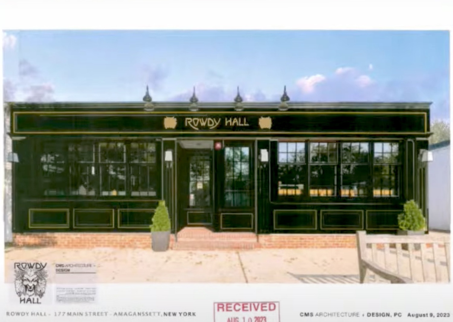 The proposed facade of the new Rowdy Hall, which was black like the front of the popular pub's current East Hampton Village location.