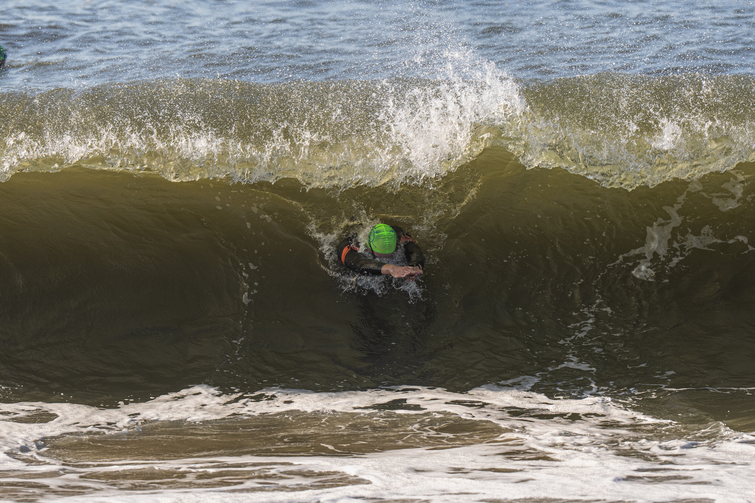 Diving out of the surf.   RON ESPOSITO