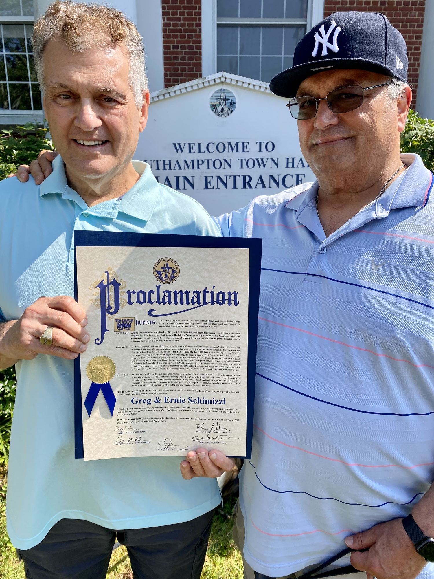 At a recent meeting of the Southampton Town Board, Ernie and Greg Schimizzi, owners of WVVH-TV were presented with a proclamation recognizing the duo for their professional careers, notably their induction into the New York State Broadcasters Hall of Fame in 2021.  COURTESY ERNIE SCHIMIZZI