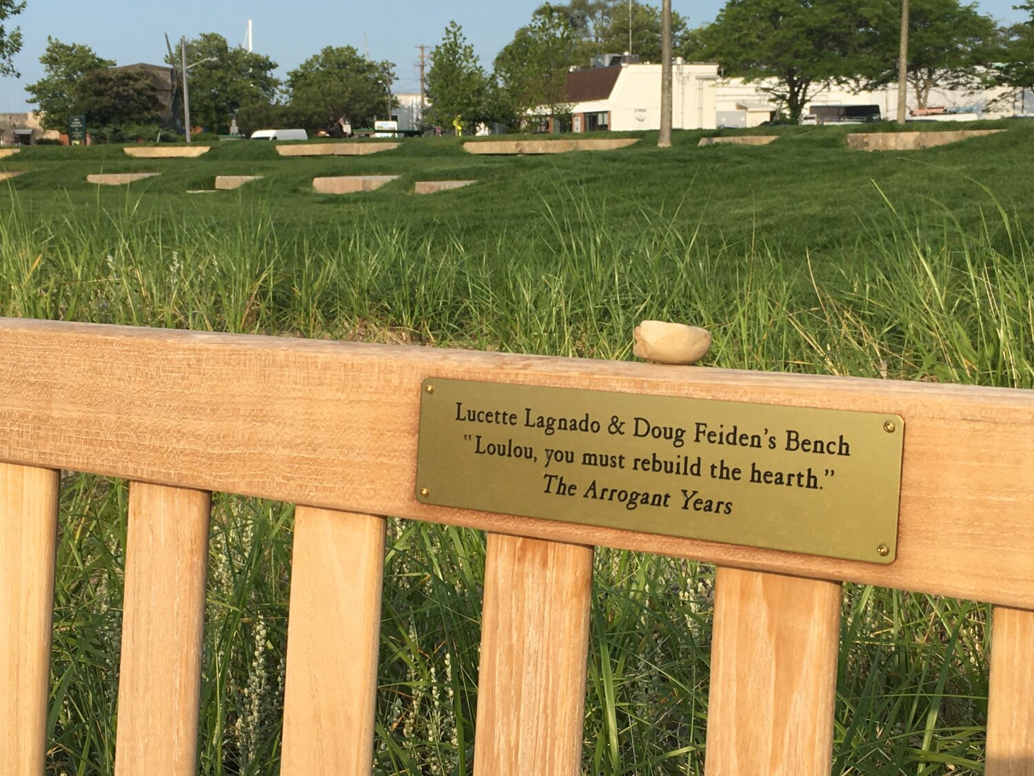 Doug Feiden dedicated a bench to his wife, Lucette, and himself in Steinbeck Park in Sag Harbor. MARYANN CALENDRILLE