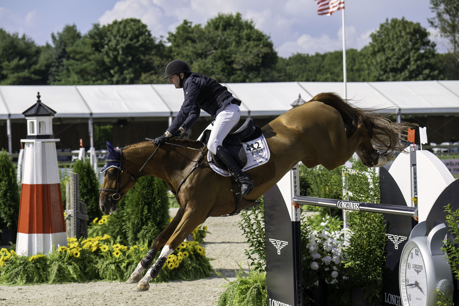 Irish rider Christian Coyle and his mount Ma Pomme de Tamerville won the $30,000 Hampton Classic Jumper Challenge, the first open jumper class of the week, in the Grand Prix ring on Sunday. MARIANNE BARNETT