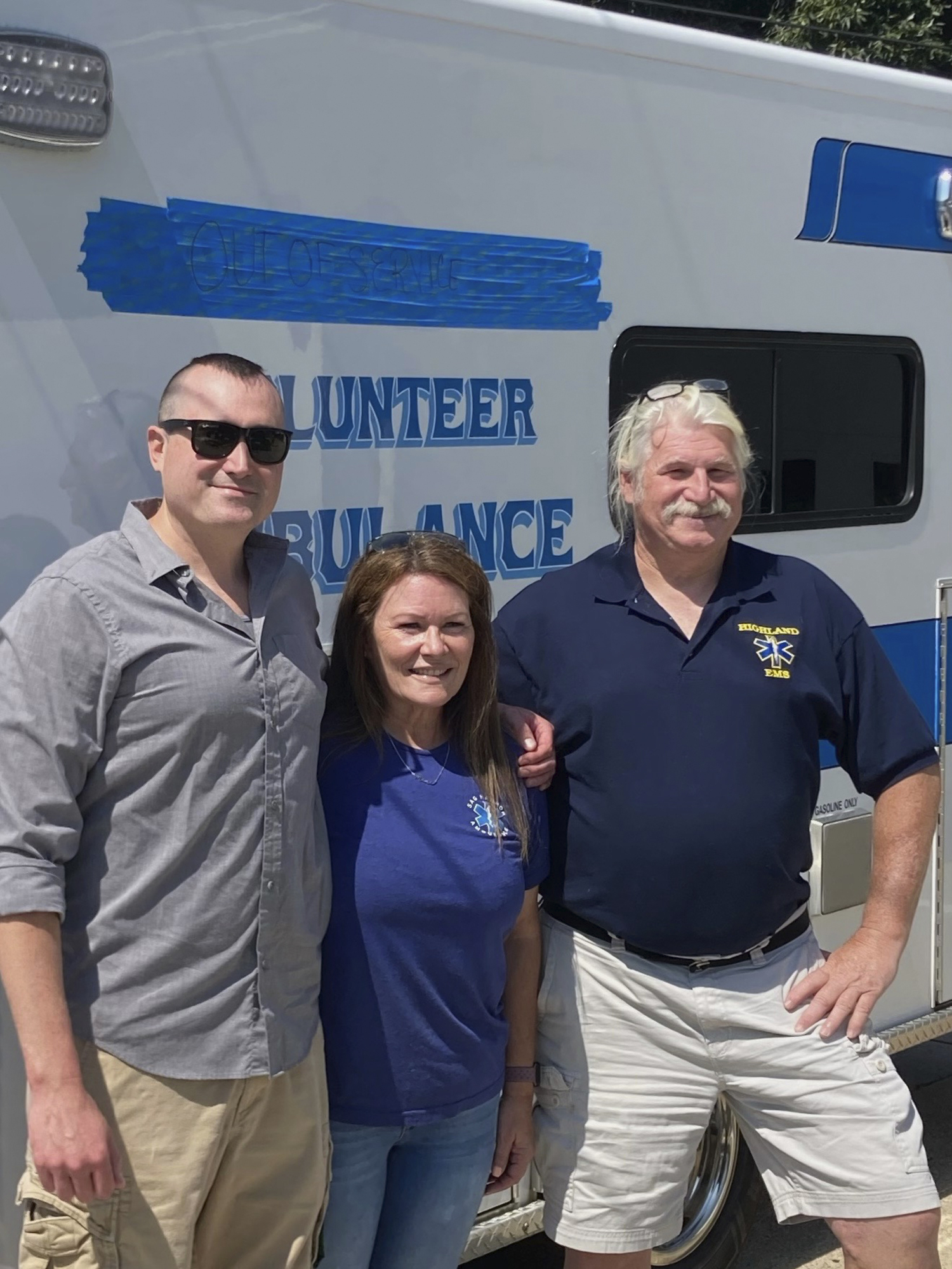 The Sag Harbor Volunteer Ambulance Corps recently donated an older vehicle to the Highland New York Ambulance Corps, where Sag Harbor native Phil Deyermond is a member and Chief of the Yulan Firehouse. (Inset) Deyermond with Sag Harbor Ambulance Corps member Missie Mahoney and JP Land from the Highland Ambulance Service. ED DEYERMOND