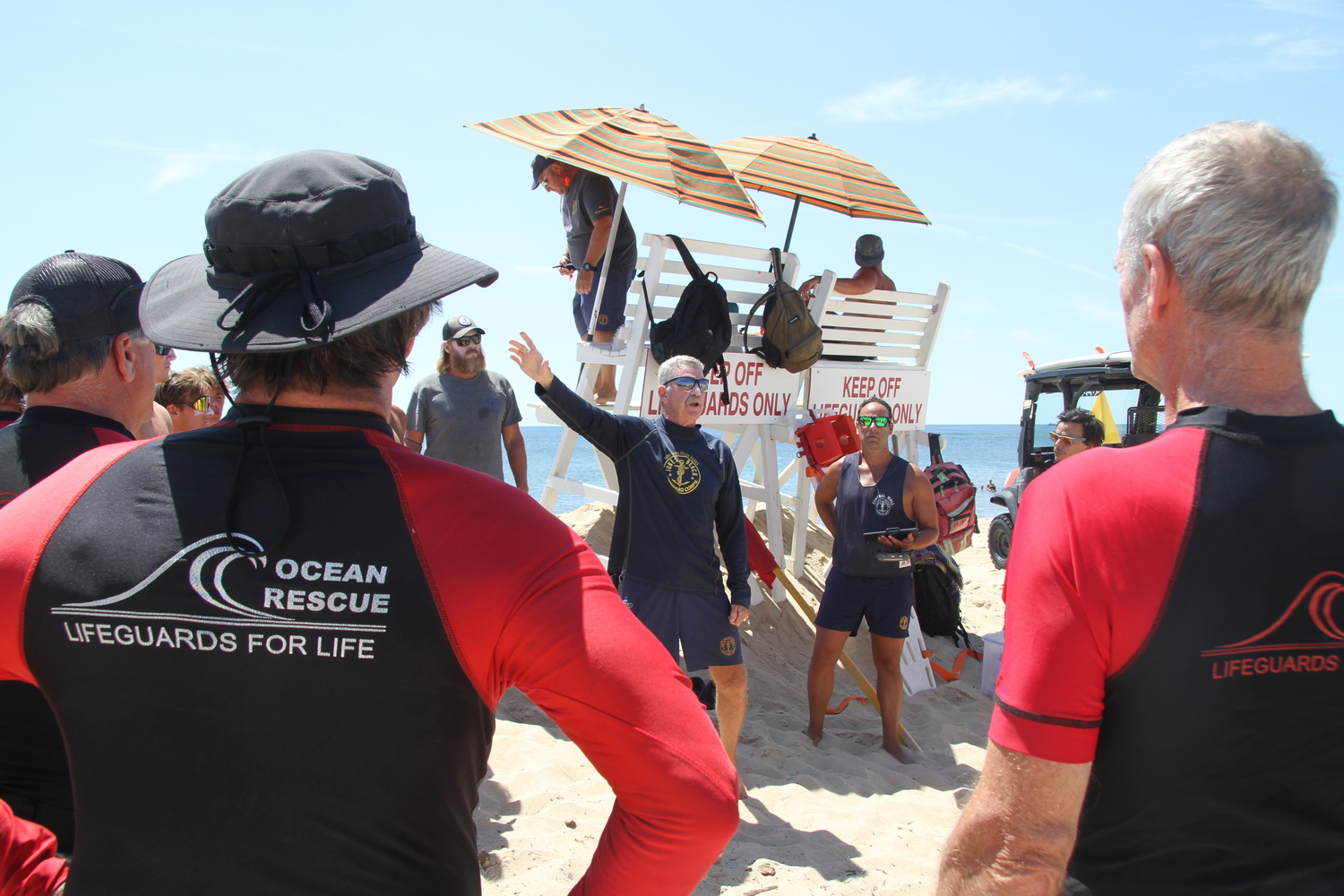 East Hampton Town Lifeguards and members of East Hampton Volunteer Ocean Rescue drilled with lifeguards from New York State Parks on the search for and retrieval of an unconscious, submerged swimmer. 
MICHAEL WRIGHT