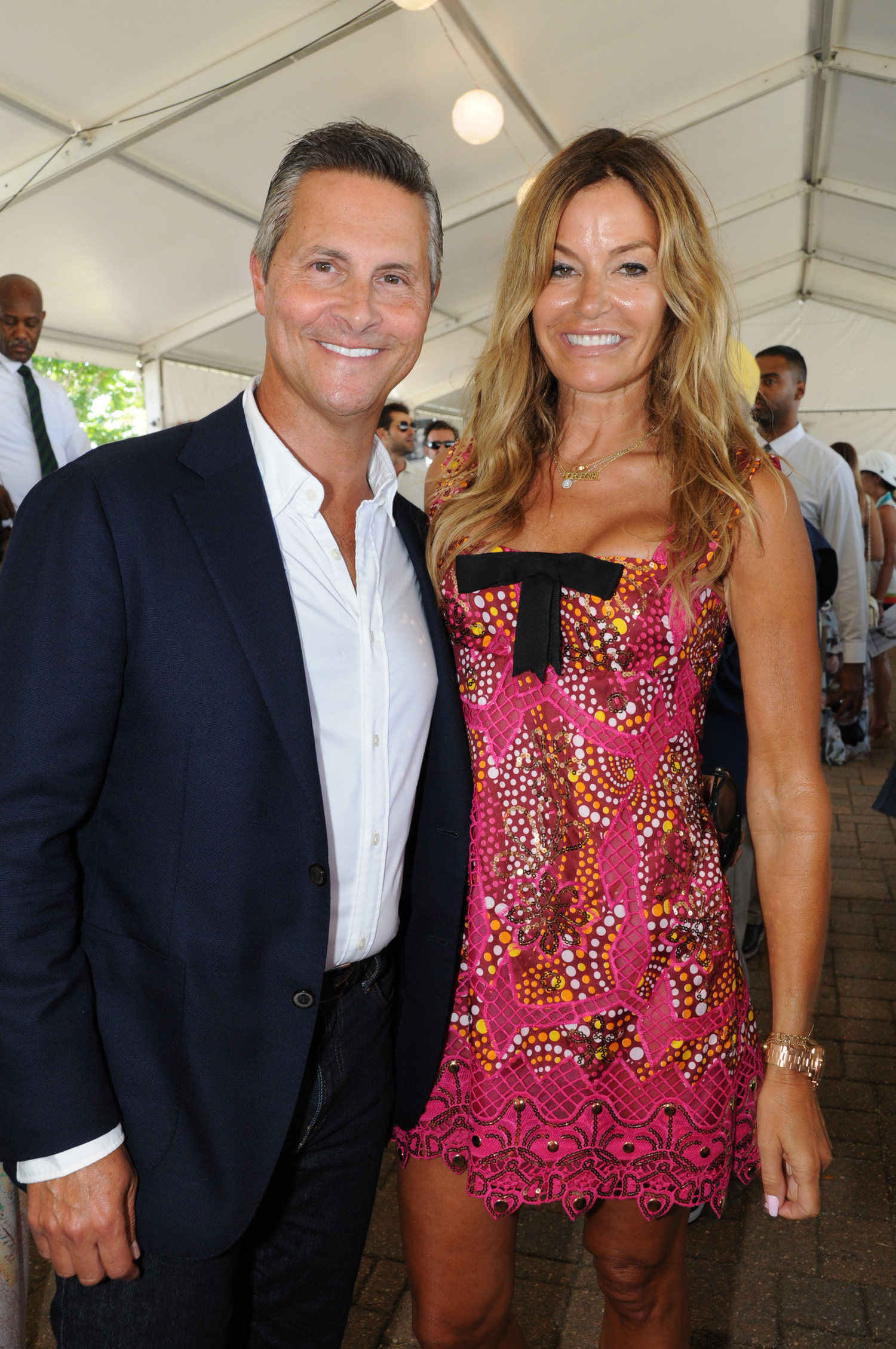 Scott Litner and Kelly Bensimon in the VIP Tent at the Grand at the Hampton Classic Horse Show on Sunday.     RICHARD LEWIN