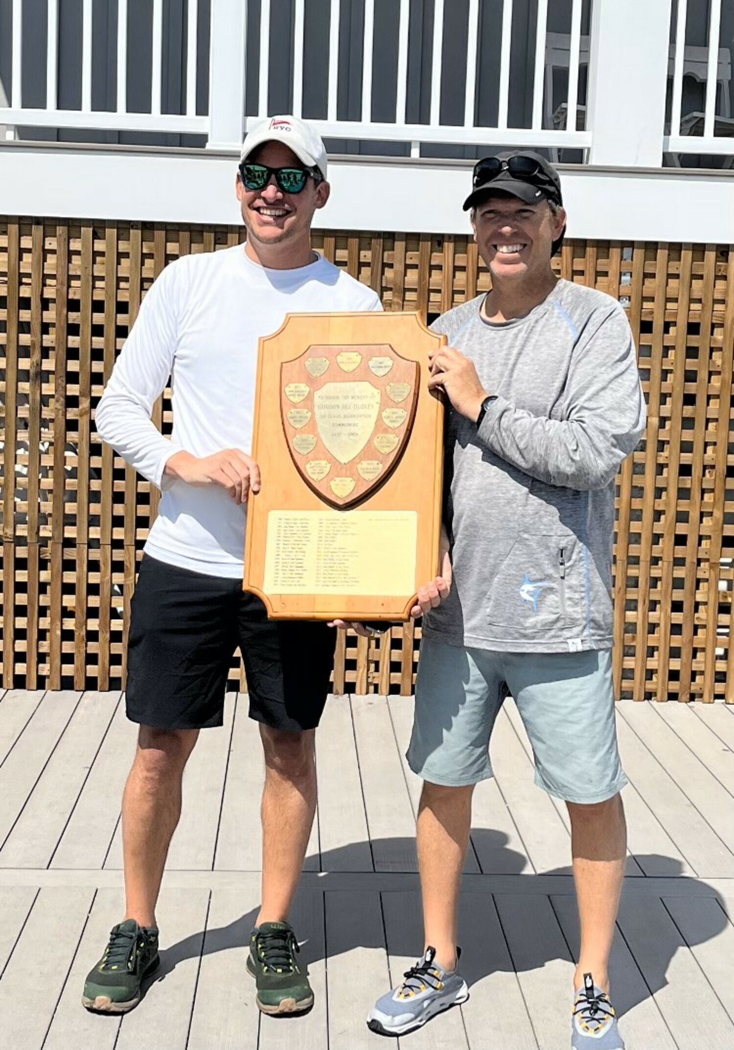 Michael Nelson, left, and Ian Connett with the Dudley Trophy after winning it on Saturday.