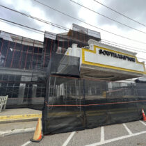 Scaffolding and netting have recently gone up around the Southampton movie theater on Hill Street.  DANA SHAW