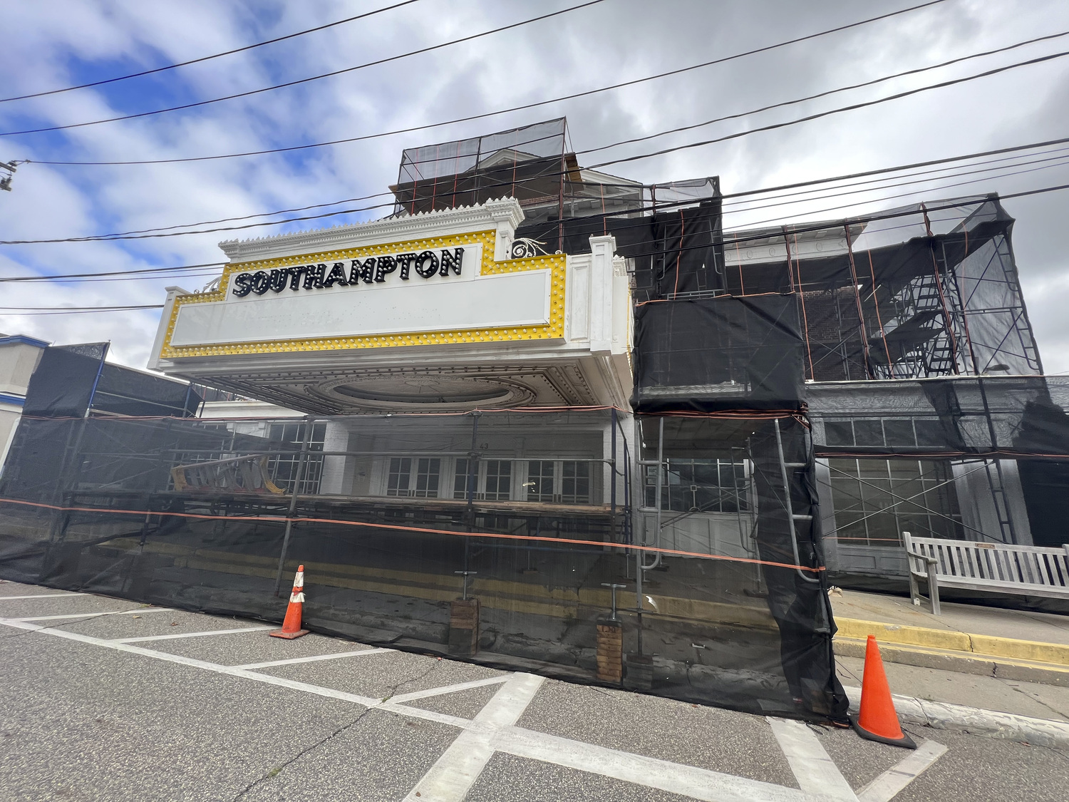 Scaffolding and netting have recently gone up around the Southampton movie theater on Hill Street.  DANA SHAW