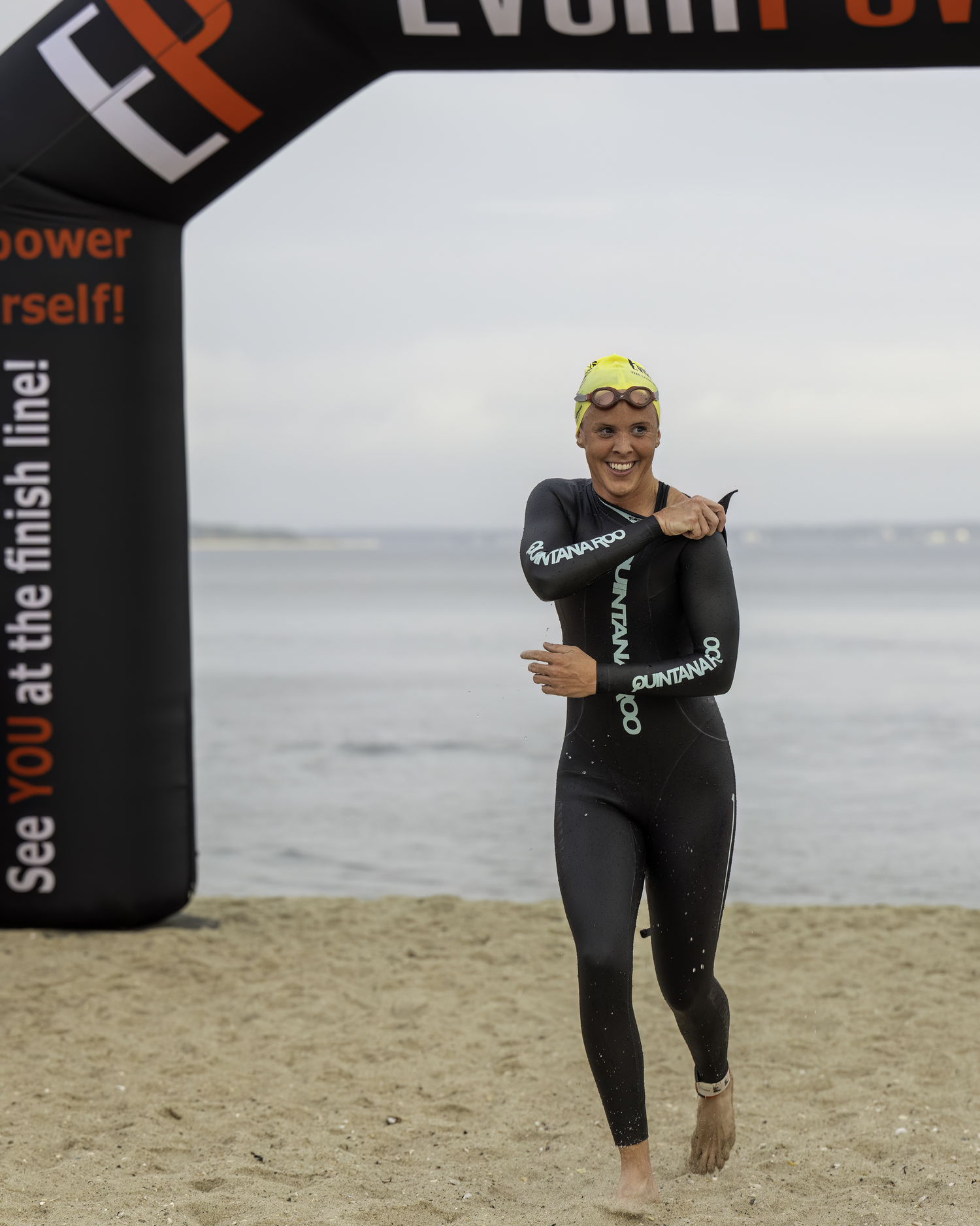Kim Larson was the first triathlete out of the water on Sunday.   MARIANNE BARNETT