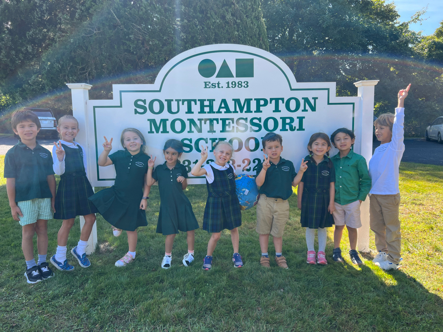 Montessori schools all over the world sang for peace on September 21, including the students at the Southampton school. On International Day of Peace students discussed what peace meant, made peace doves and sang a song about peace. From left, Henry Halsey, Luna Morgan, Avery Tinker, Mia Tortorella, Ruby Ann McDavid, Julian Graff, Haley Halsey, Sebastian Tirado, and Leonce Paquet. COURTESY SOUTHAMPTON MONTESSORI SCHOOL