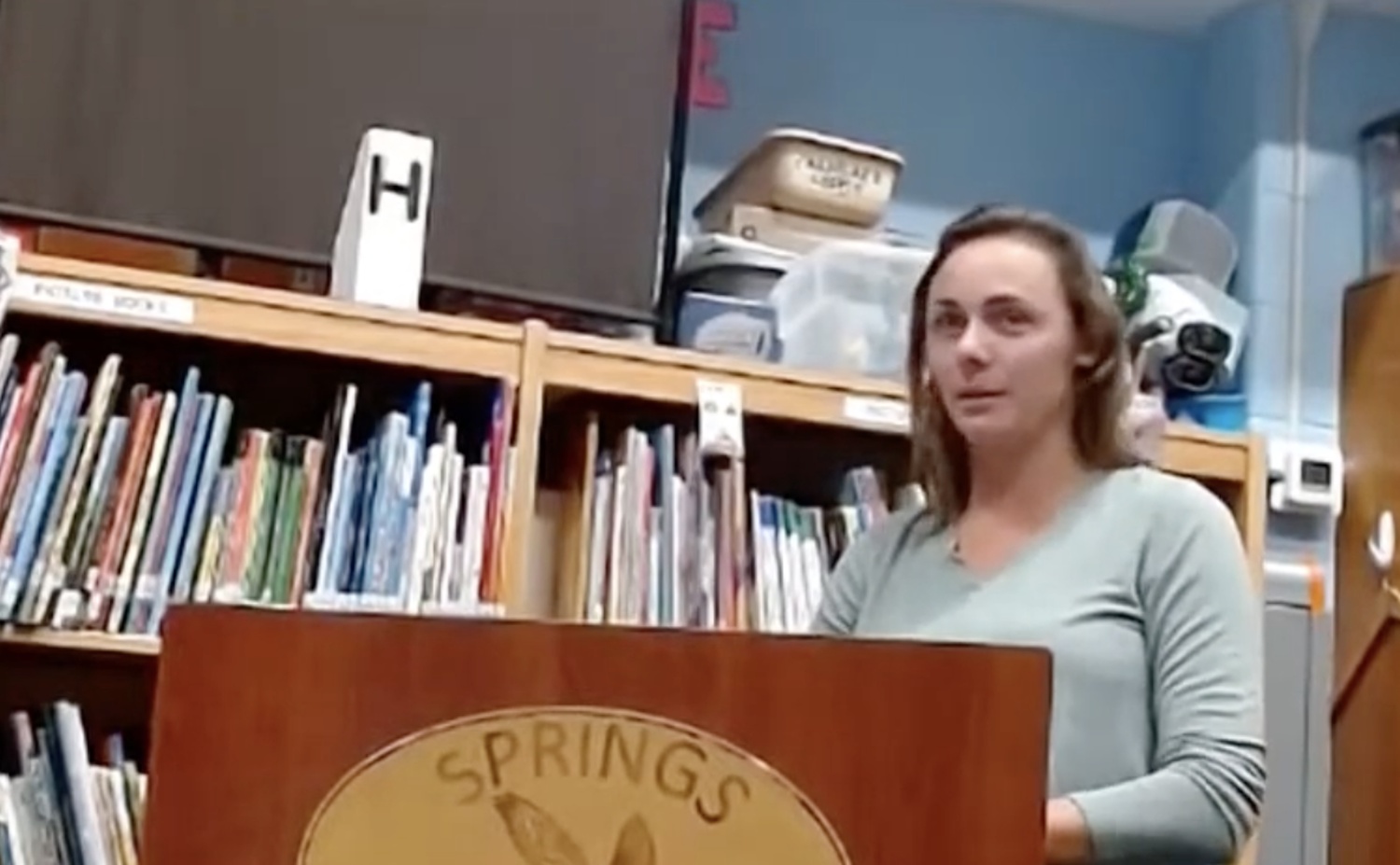 Springs School parent Summer Romeo, who is also corresponding secretary to the Parent Teacher Association, speaks on the lack of teaching assistants to bring in six new pre-kindergarten students during the September 12 board of education meeting.