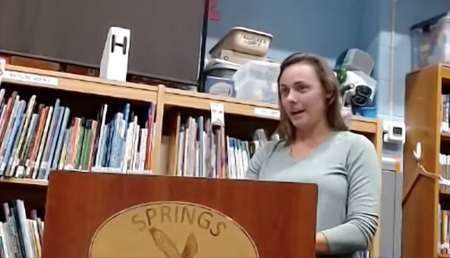 Springs School parent Summer Romeo, who is also corresponding secretary to the Parent Teacher Association, speaks on the lack of teaching assistants to bring in six new pre-kindergarten students during the September 12 board of education meeting.