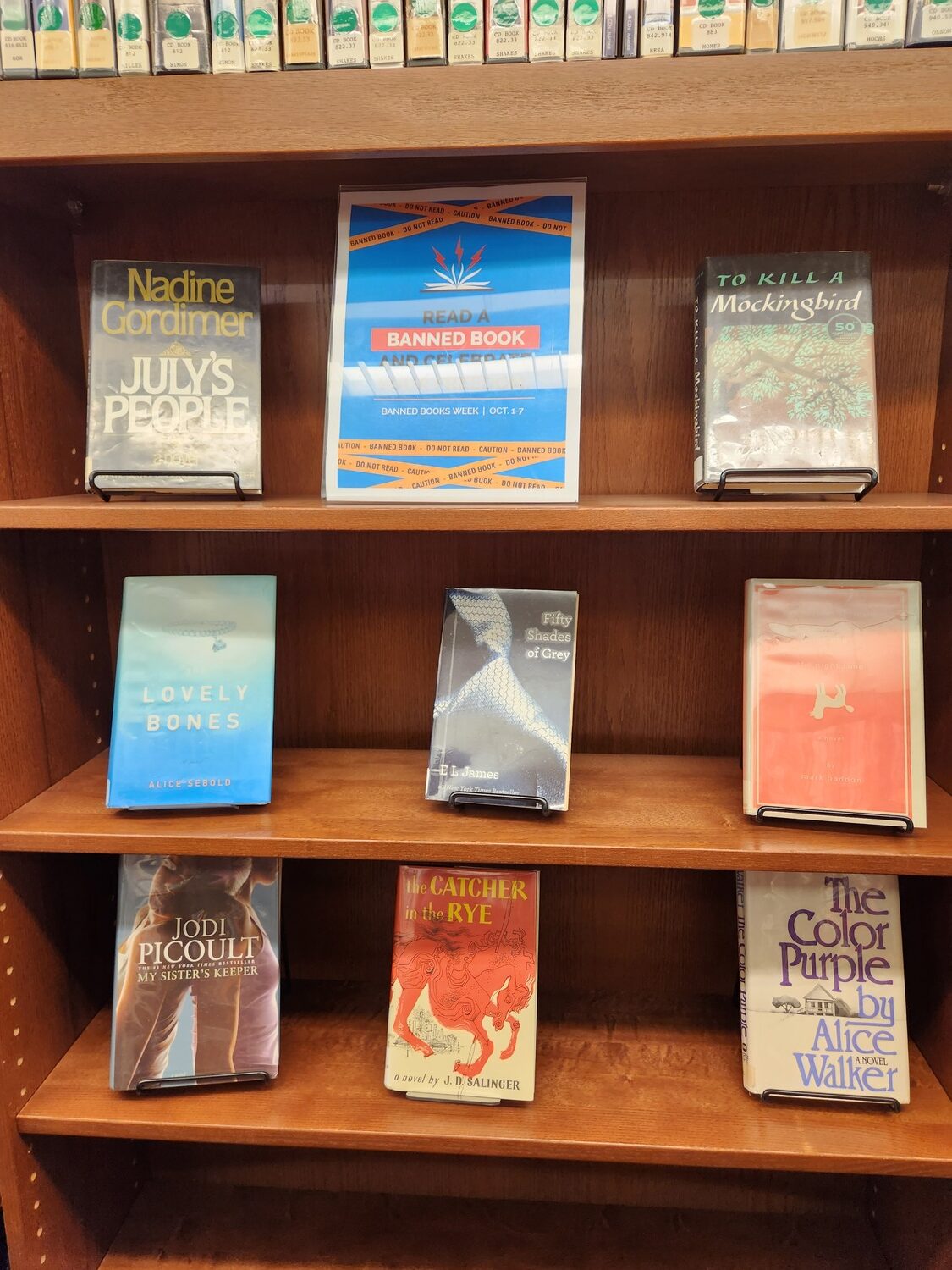 A section of the adult banned book display at the Amagansett Free Library. KIMBERLY PARRY