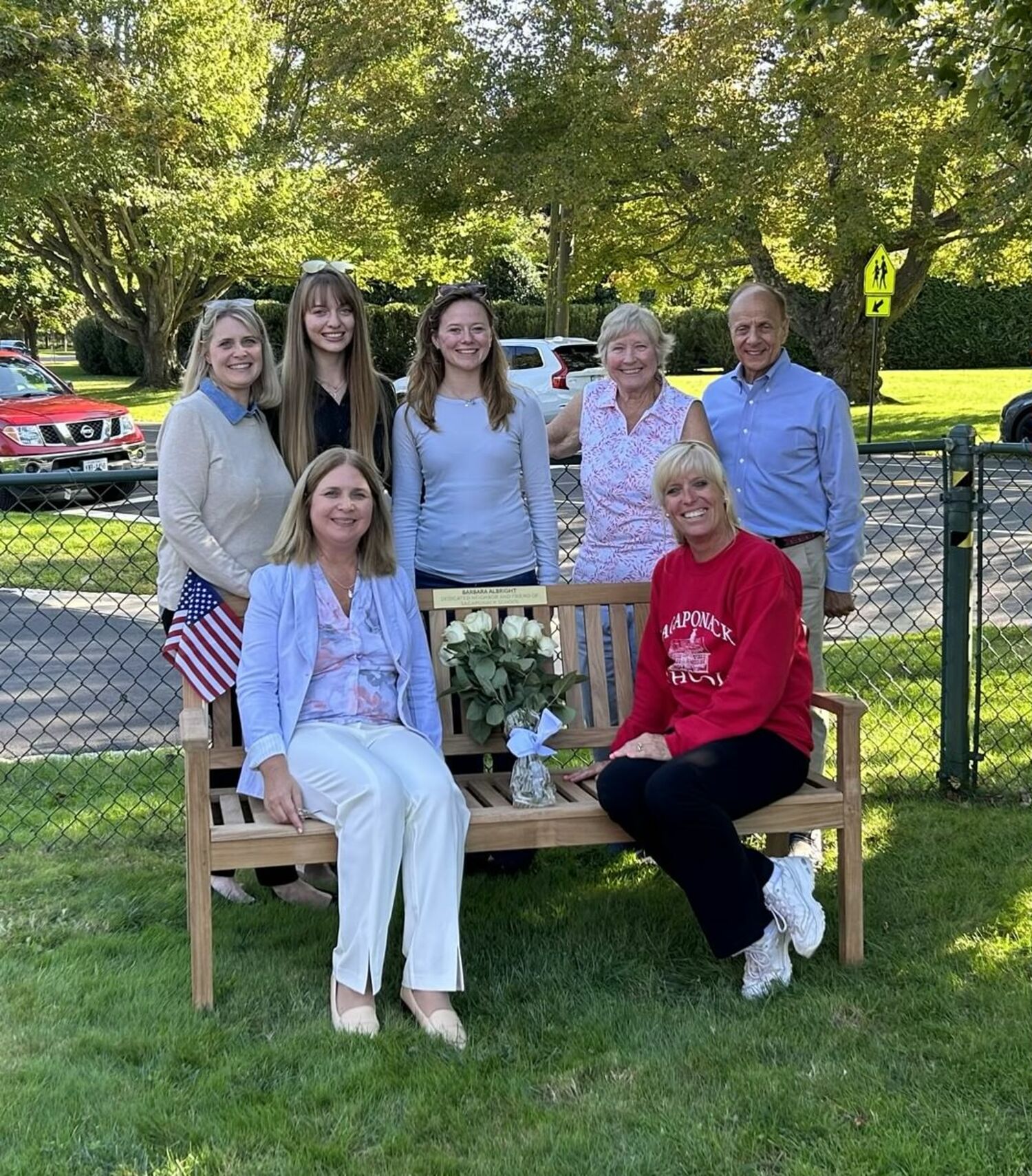 Last week, a bench donated by Thayer's Hardware in honor of Barbara Albright was dedicated. A longtime, active community member, Albright died in February. 
At the dedication were,  seated, Cathy Hagistavrou, Sagaponack School Board member, and Sally Peterson,  Memorial Scholarship Committee member,  alongside  Penny Albright, the daughter of Albright; standing from left, School Clerk Jeanette Krempler,  Alexandra Toscano and Alexandra Lopez and Ellen Wilford, Peterson Memorial Scholarship Committee members, and School Superintendent John Finello. COURTESY SAGAPONACK SCHOOL DISTRICT