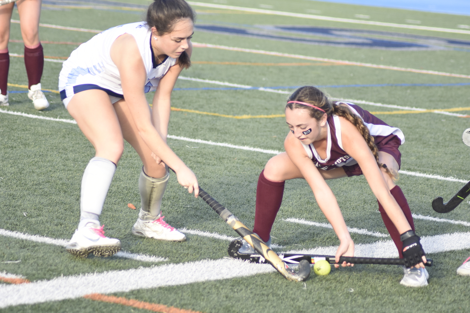 East Hampton senior defender Ally Schaefer plays the ball well to force a turnover.   DREW BUDD