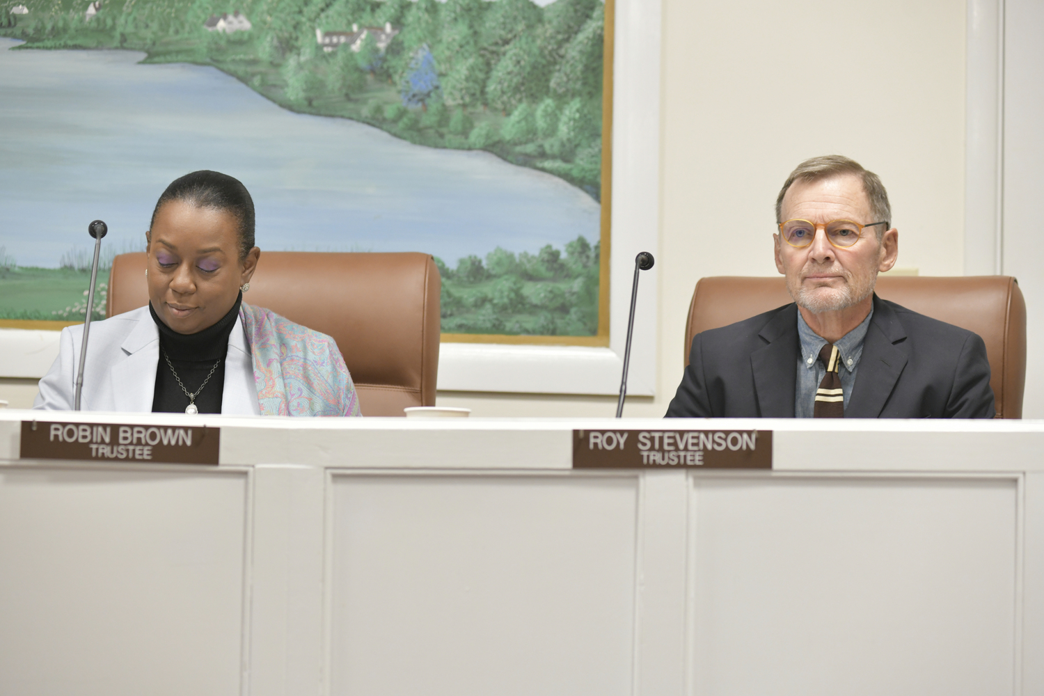 Southampton Village Trustees Robin Brown and Roy Stevenson during Tuesday night's work session.  DANA SHAW