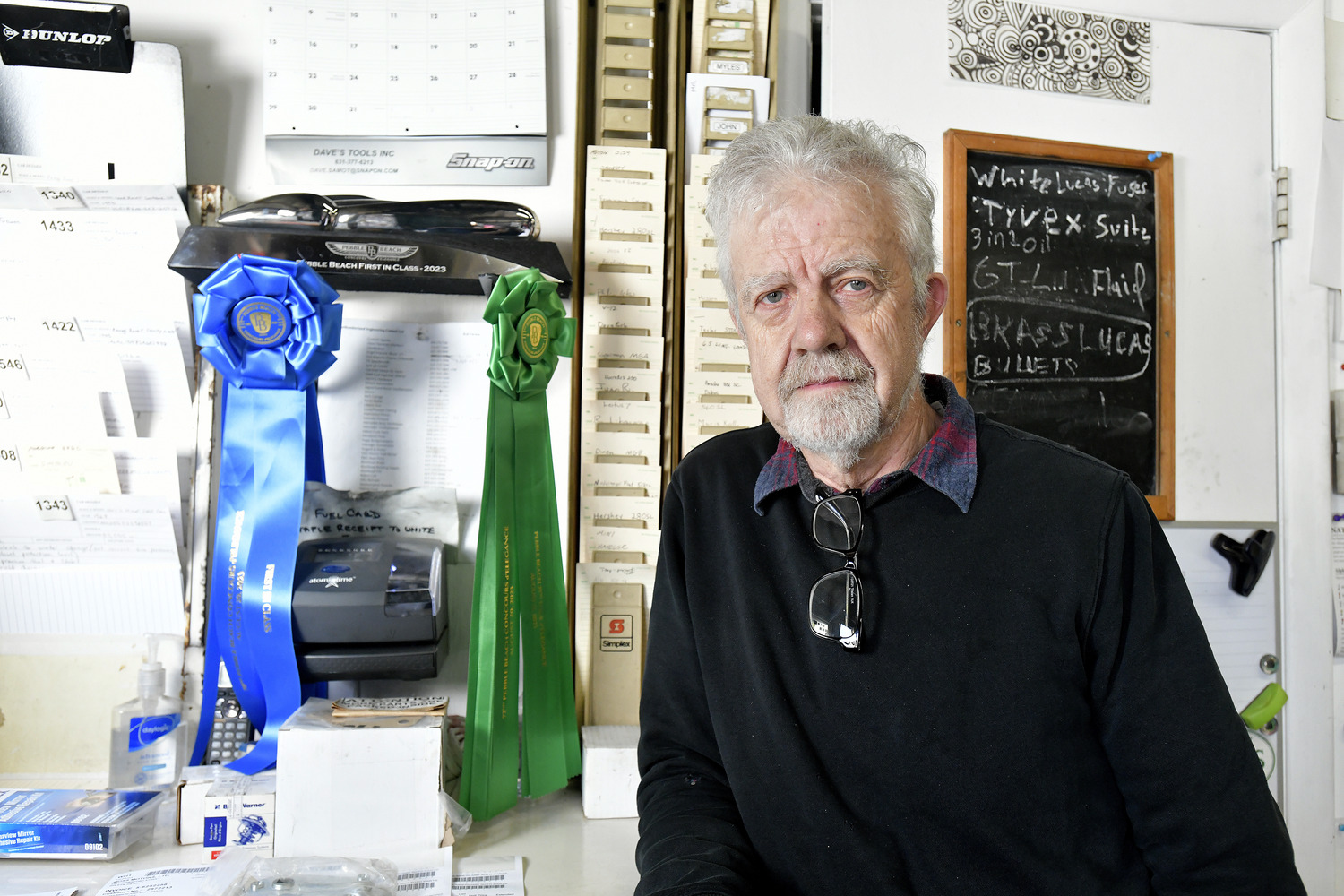 Anthony Dutton with the The Pebble Beach Concours d'Elegance first in class trophy for the Talbot 105.  DANA SHAW