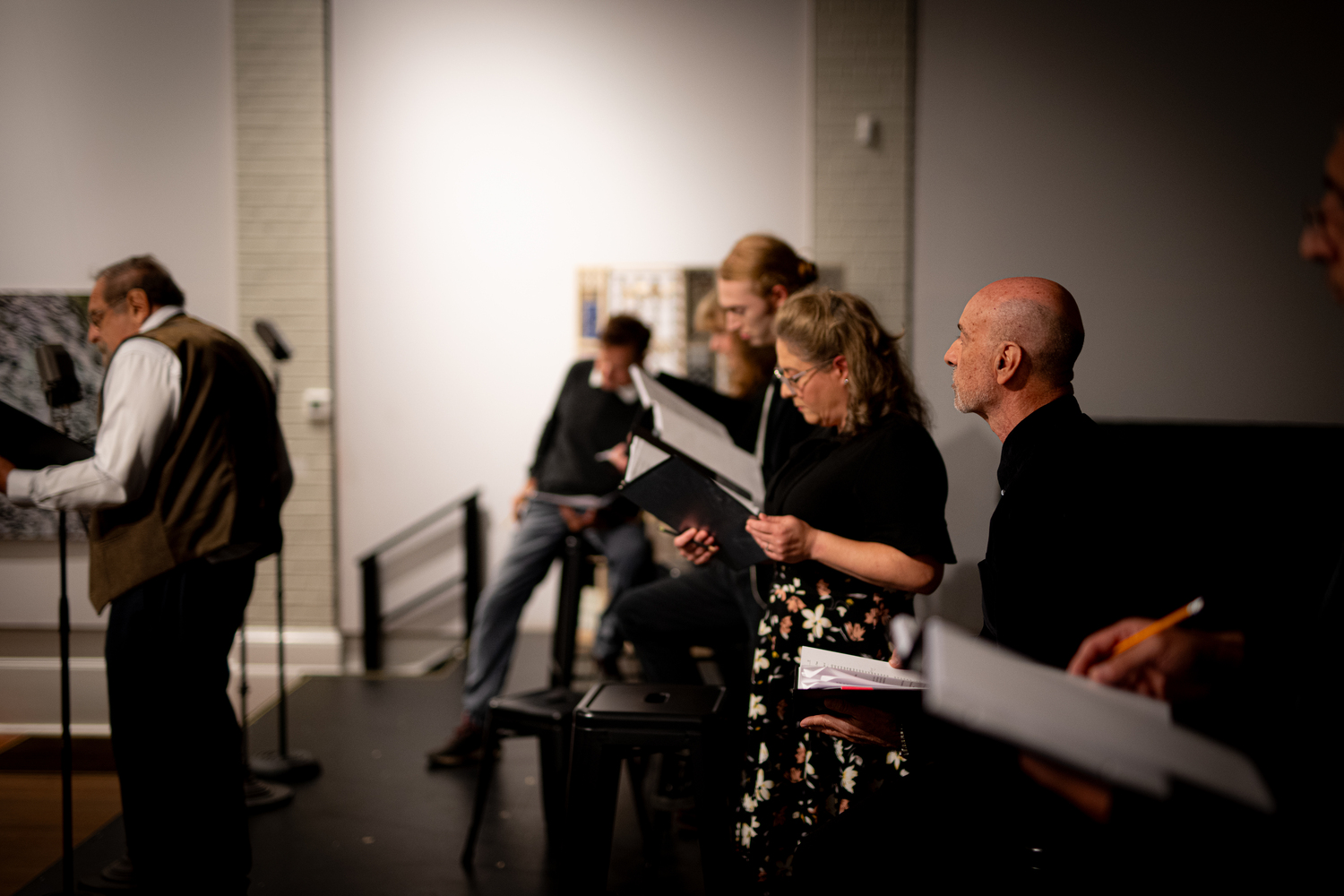 The cast of Center Stage's production of “War of the Worlds: The Panic Broadcast” during rehearsals at Southampton Arts Center. DANE DUPUIS