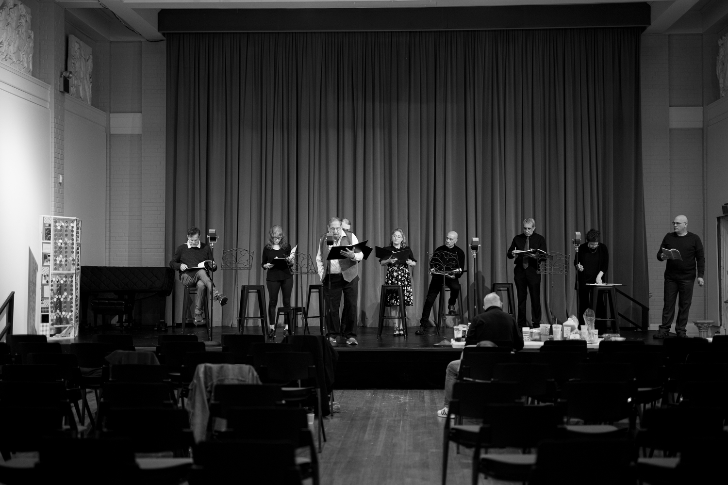 The cast of Center Stage's production of “War of the Worlds: The Panic Broadcast” during rehearsals at Southampton Arts Center. DANE DUPUIS