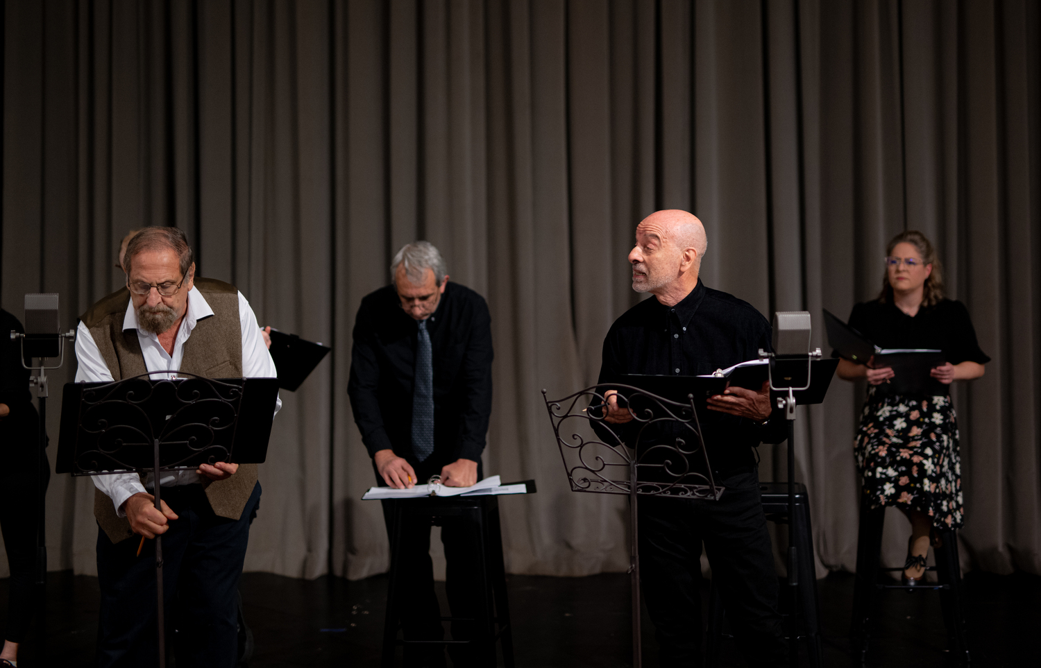 The cast of Center Stage's production of “War of the Worlds: The Panic Broadcast” during rehearsals at Southampton Arts Center. DANE DUPUIS