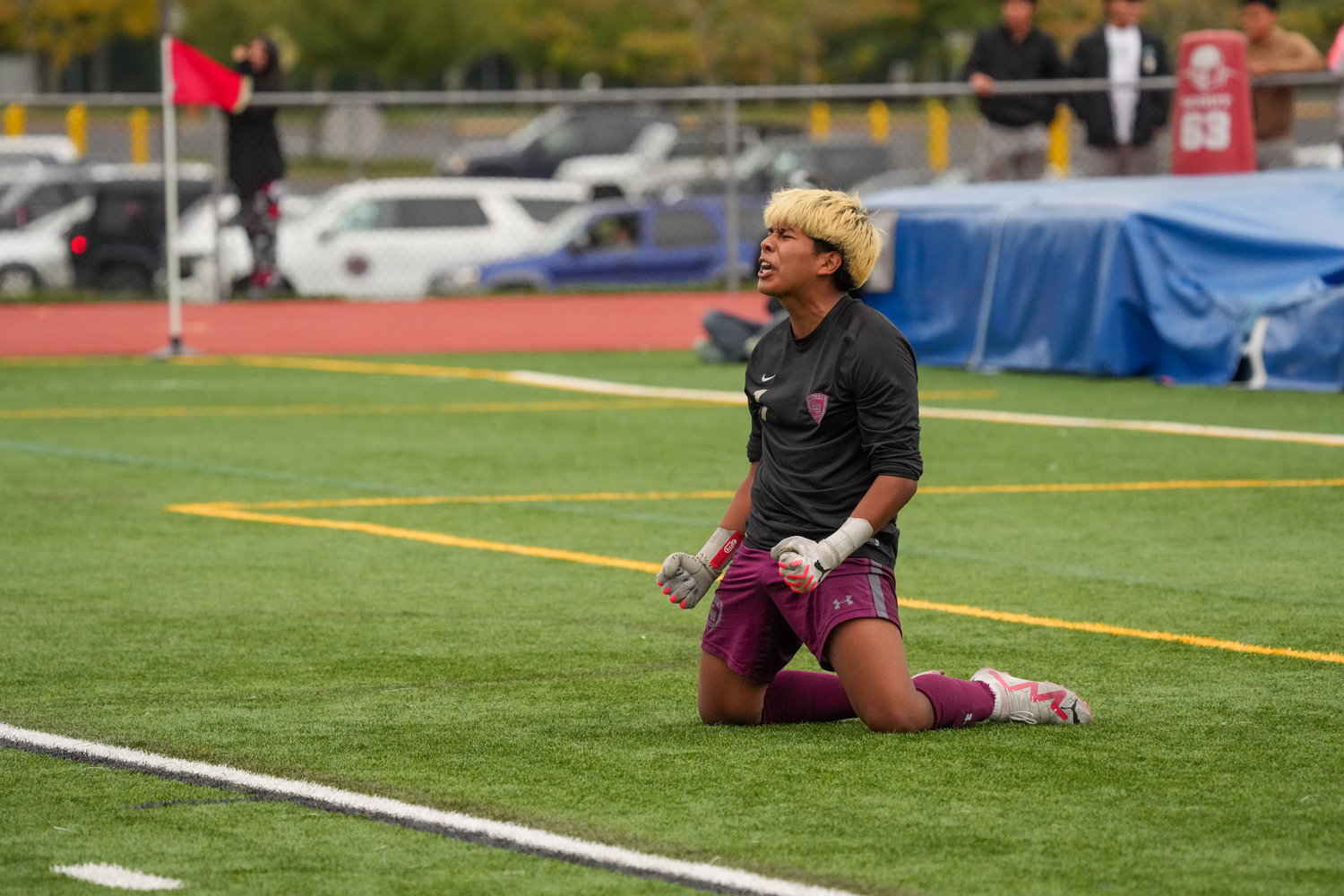 East Hampton senior goalie Nicholas Guerrero is pumped up after his team held on for a 1-0 victory over East Islip on Saturday.   RON ESPOSITO