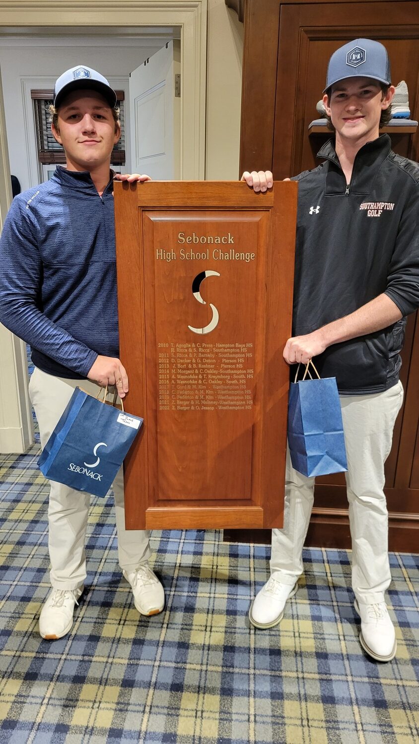 Southampton's Ethan Heuer, left, and Liam Blackmore will have their names etched on the Sebonack Challenge wood in due time after winning Friday's tournament.   DREW BUDD