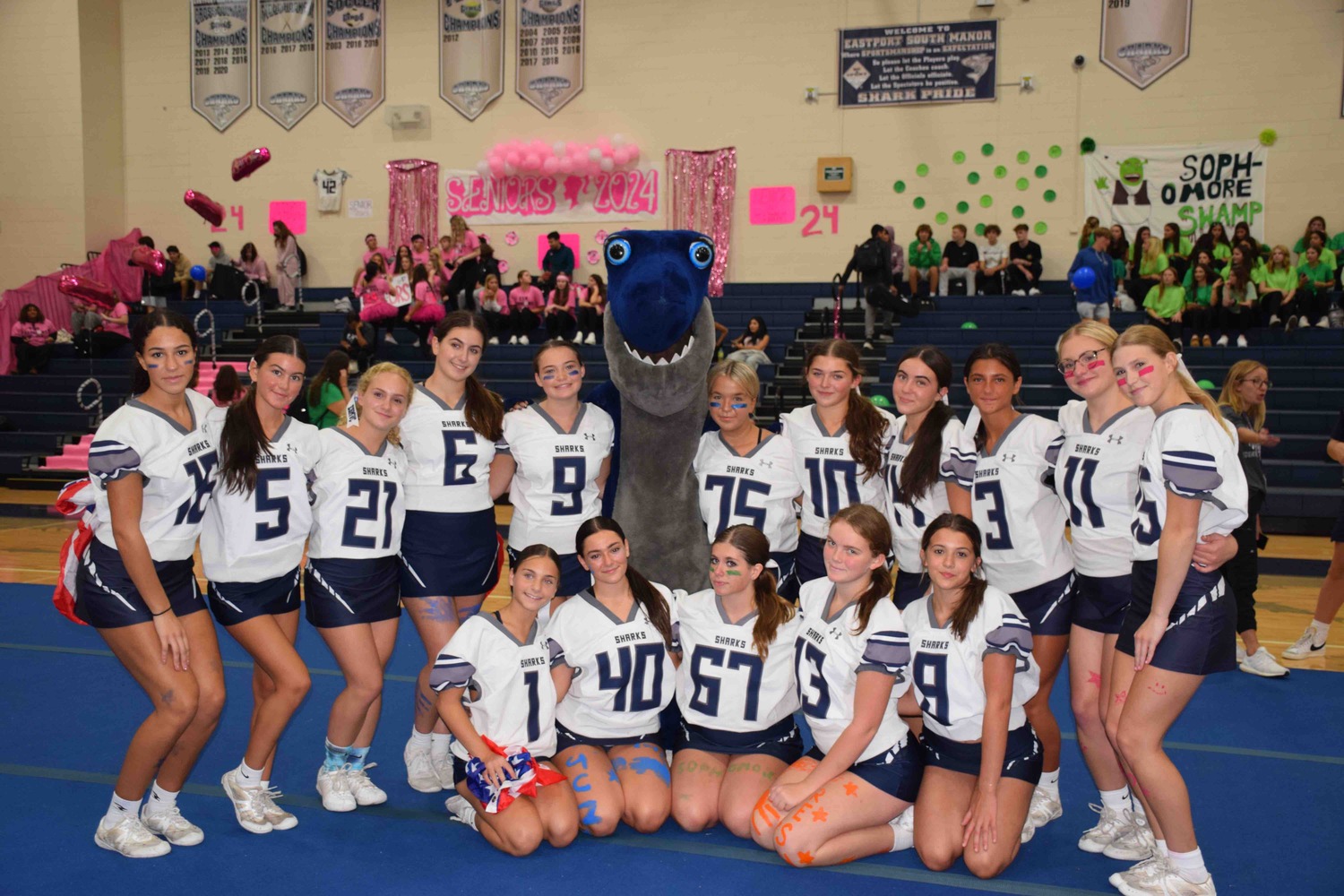 The Eastport-South Manor cheerleading team spread spirit during the recent 2023 homecoming pep rally and game. COURTESY EASTPORT-SOUTH MANOR SCHOOL DISTRICT