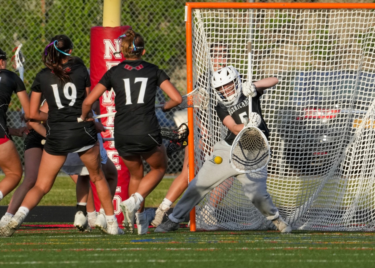 Junior goalkeeper Maya Farnan reaches for a save during the 2022 Suffolk County championship game against Comsewogue. RON ESPOSITO