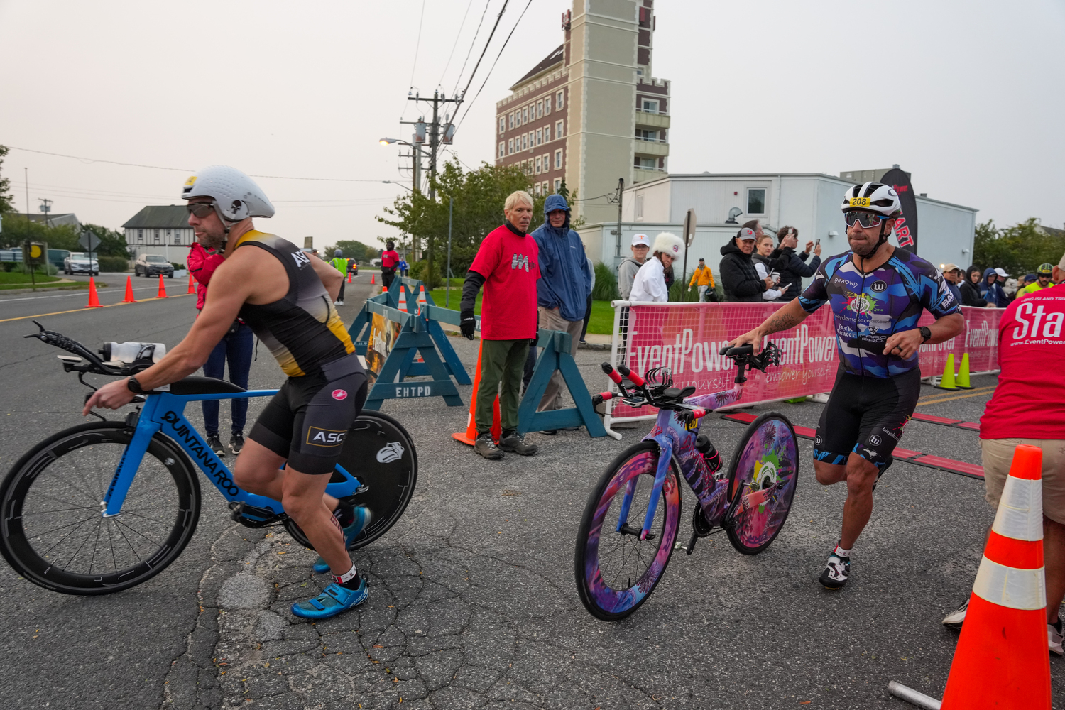 Sunday's races included a rolling start to the bike races because the swim portion was canceled due to unfavorable swim conditions in Fort Pond.  RON ESPOSITO
