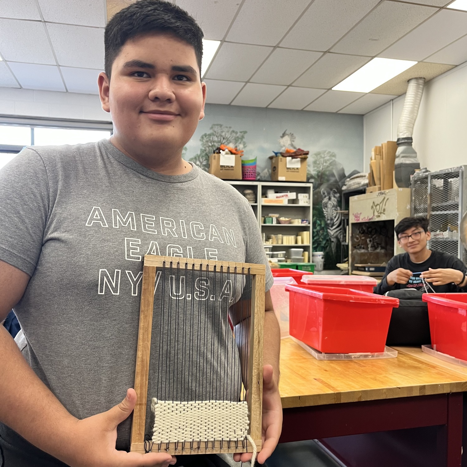 Southampton High School sophomore Israel Ruiz Nava is among the creative arts students who are kicking off Hispanic Heritage Month with a cultural lesson on one of the oldest art forms — weaving. Students reviewed the rich tradition of weaving styles and techniques of South America that have greatly influenced the craft since 10,000 BC. Building on the school’s
Hispanic Heritage Month theme, “Todos Somos, Somos Uno: We Are All, We Are One,” the
students also learned about the power of community work. Once complete, their amazing
woven works of art will be hung in the school library. COURTESY SOUTHAMPTON SCHOOL DISTRICT