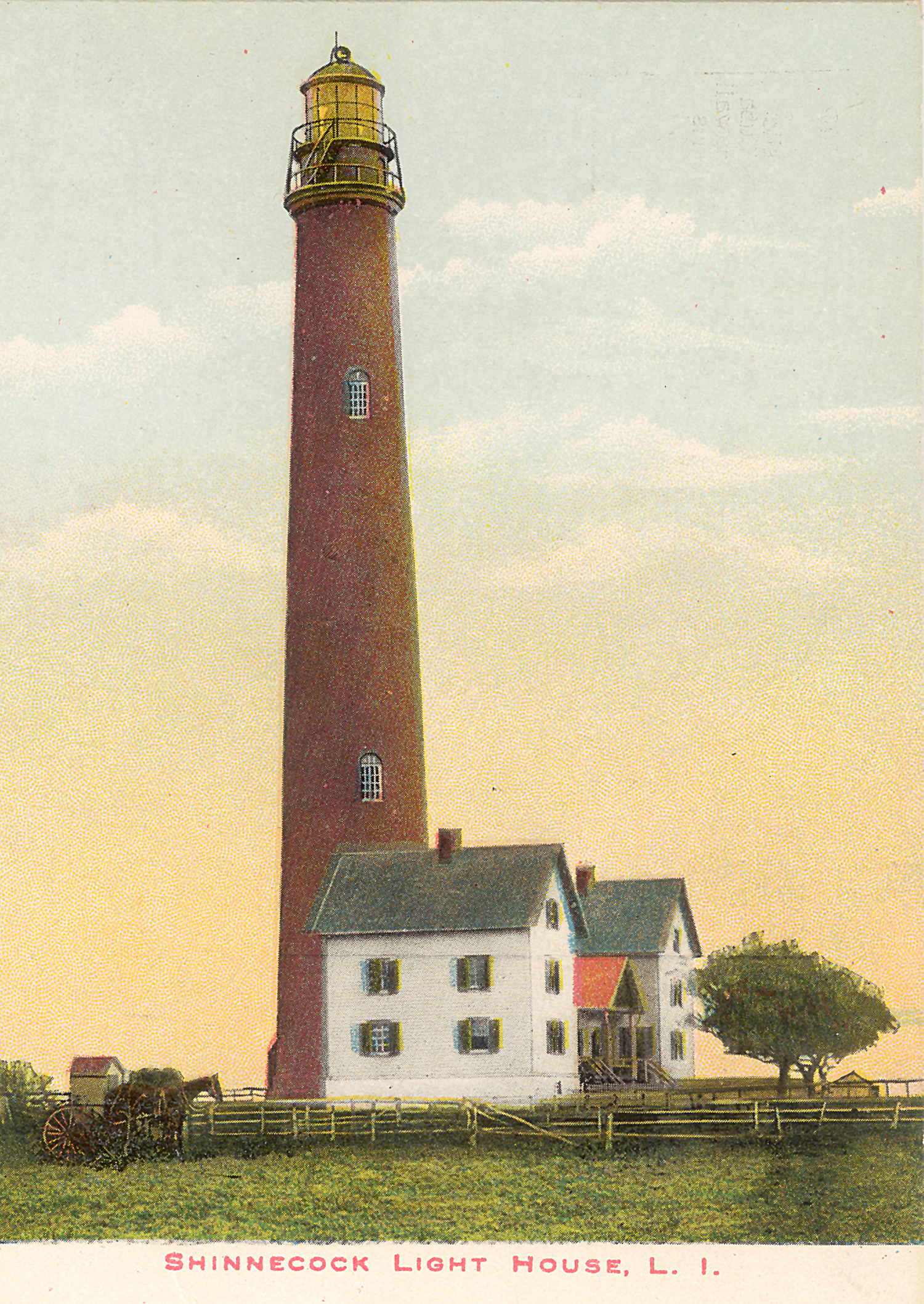 A postcard depicting a pastoral scene of the Shinnecock Lighthouse and keepers cottage.