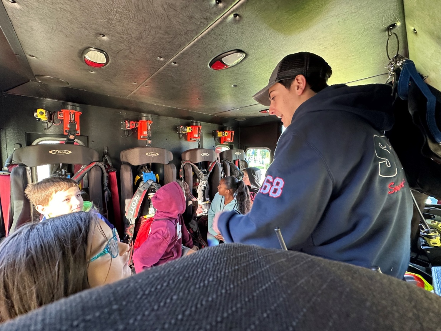 The Southampton Fire Department brought its
engines, ladder truck, and stump jumper to Tuckahoe School last week to teach the students about fire safety. Students saw the vehicles in action and learned how they are used during emergencies. A highlight of the visit was the simulated smokehouse. In this safe, controlled environment, fog is created to mimic the conditions of a real fire. Students crawled through the smokehouse under the watchful eyes of the firefighters. The experience taught the students what to do if they ever find themselves in a smoke-filled room. COURTESY TUCKAHOE SCHOOL DISTRICT
