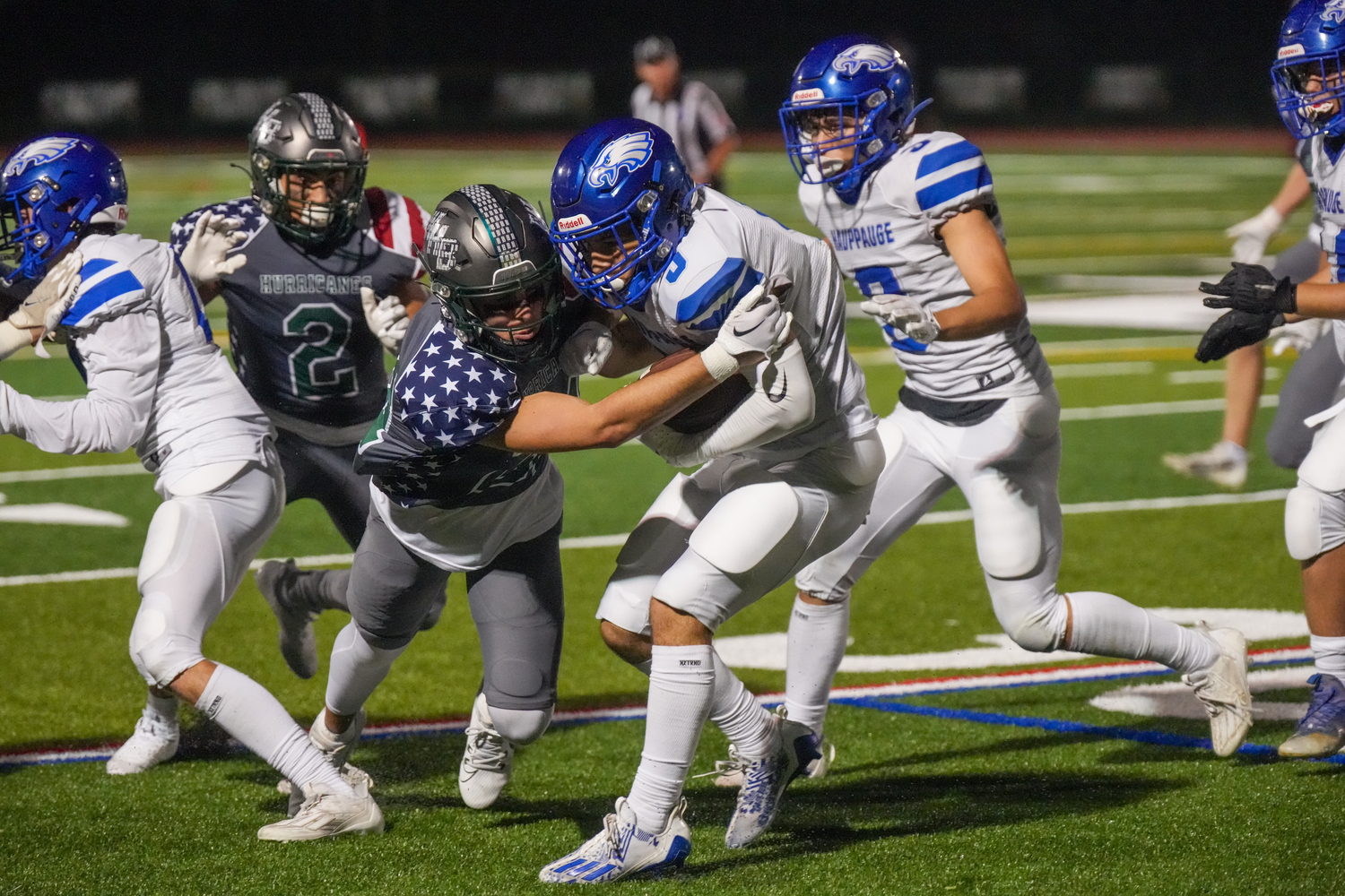 Westhampton Beach junior Brody Schaffer makes a tackle.   RON ESPOSITO