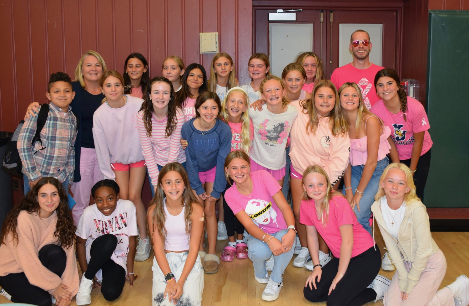 As part of Homecoming Spirit Week activities on Oct. 3, students across the Westhampton Beach School District, including at its middle school,  wore pink to school to raise breast cancer awareness. COURTESY WESTHAMPTON BEACH SCHOOL DISTRICT
