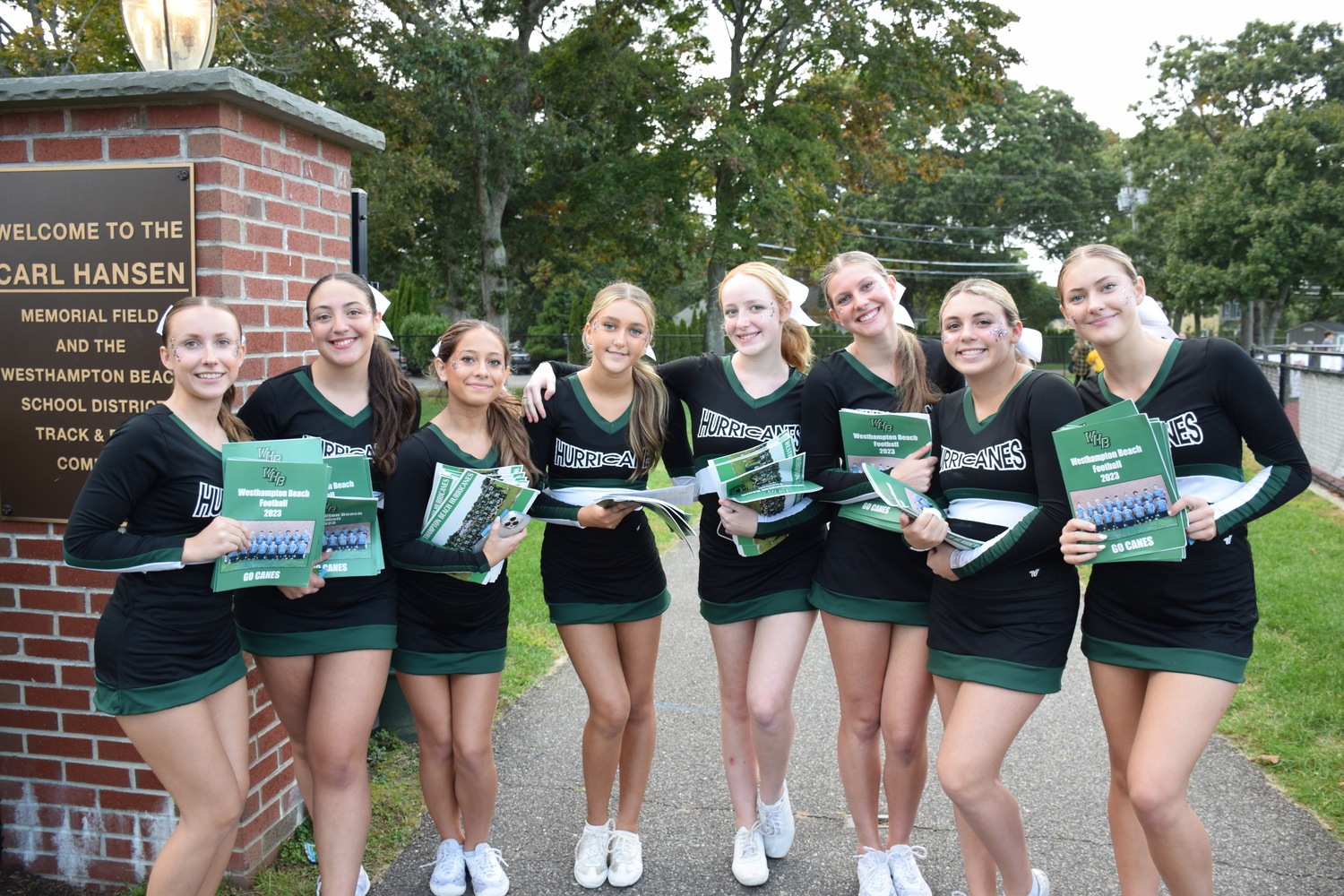The Westhampton Beach High School varsity cheerleading squad provided pep and
cheer during the Hurricanes’ homecoming game on October 6. COURTESY WESTHAMPTON BEACH SCHOOL DISTRICT