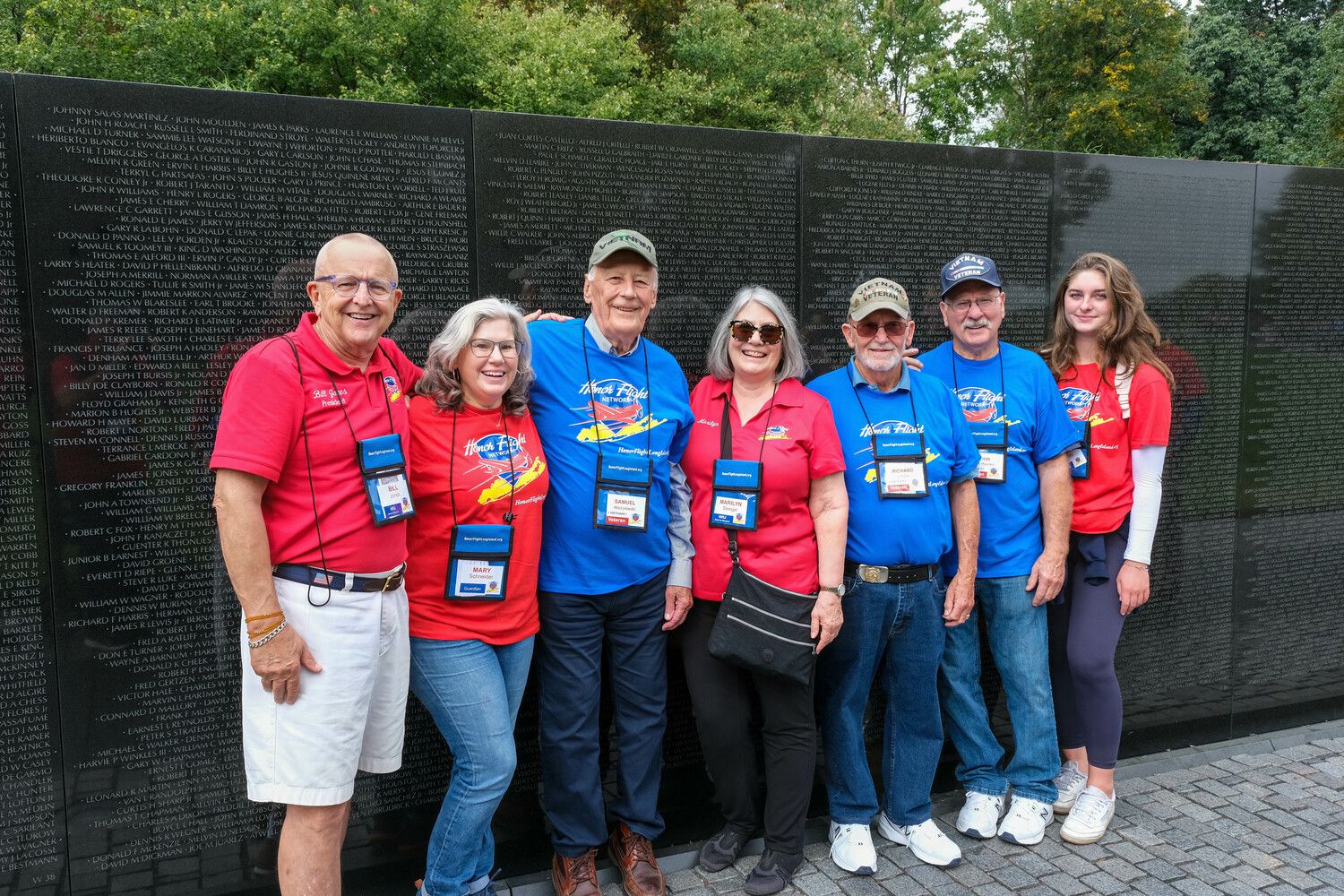 Honor Flight recently flew several local veterans to visit war memorials in Washington D.C. Among those who took the trip were, from left, 
Bill Jones of Southampton, an Army veteran and president of Honor Flight Long Island; 
Mary Schneider, Sam Mezynieski’s daughter and his Guardian for the day; Sam Mezynieski of East Quogue and a Vietnam veteran; Marilyn Stengel of Southampton, an Honor Flight Long Island board member, and Rich White’s Guardian for the day; Rich White of Southampton and a Vietnam veteran; John Van Houten of Hampton Bays and a Vietnam veteran; and Charlotte Dermody, Van Houten's granddaughter and Guardian for the day. COURTESY BILL JONES
