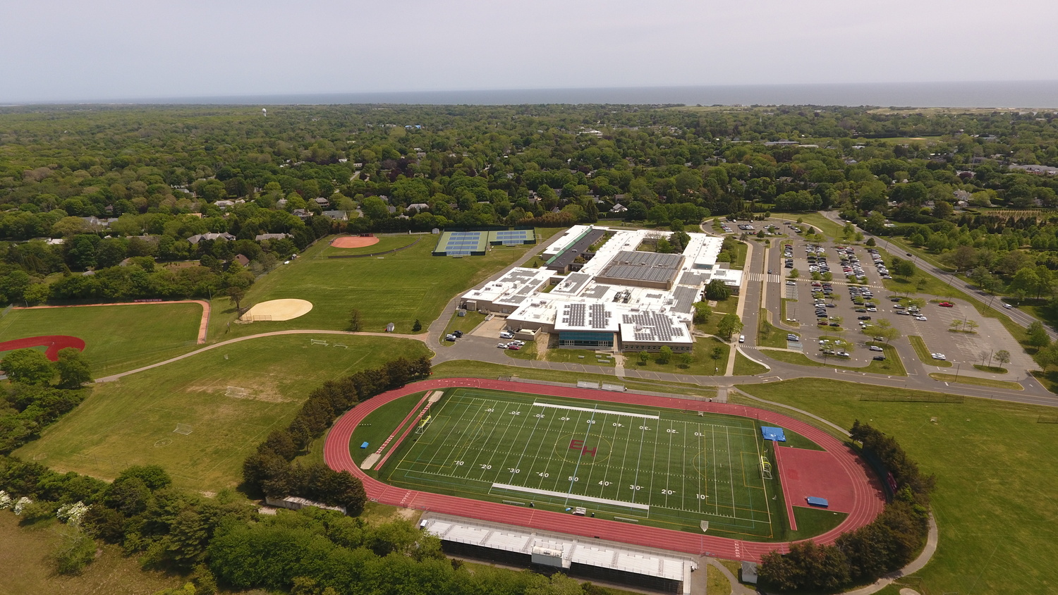 Solar panels were installed on the roofs of East Hampton School District buildings in 2020. MIKE WRIGHT