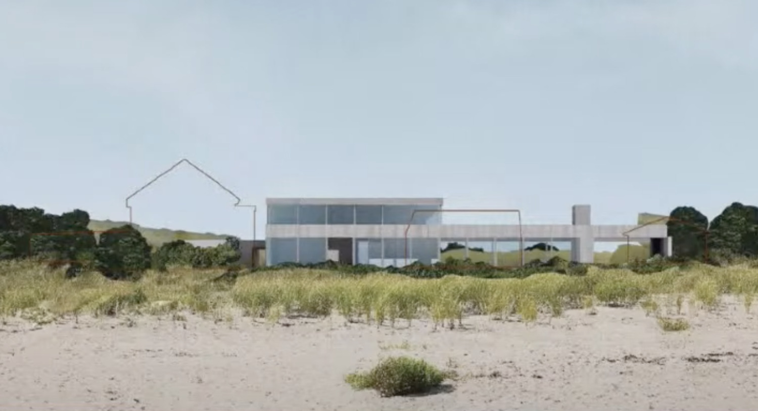 An artists rendering of what the new house would look like, with the outlines of the existing structures superimposed.