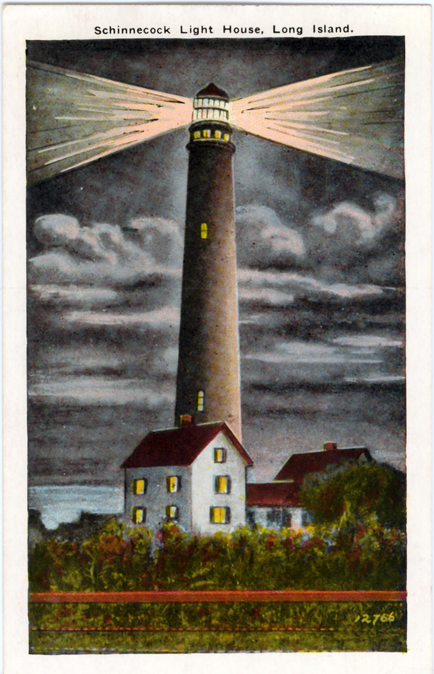 A postcard depicting the Shinnecock Lighthouse at night.