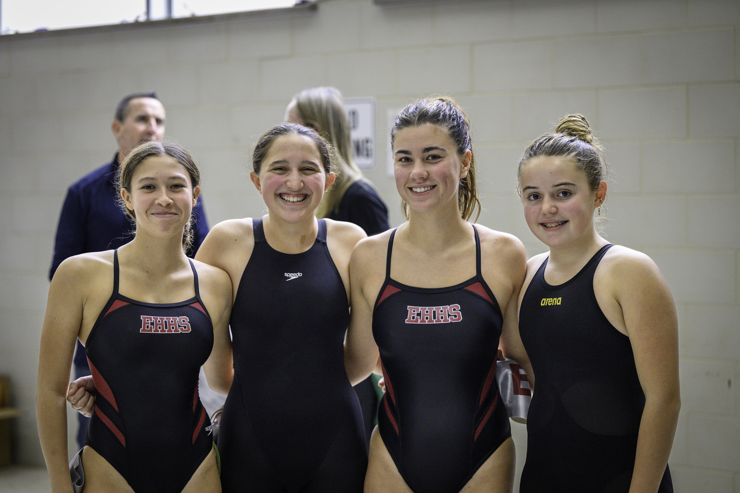East Hampton's 200-yard freestyle relay team, from left, Maya Dias, Izzy Caplin, Kate McMillan and Ginger Griffin.  MARIANNE BARNETT