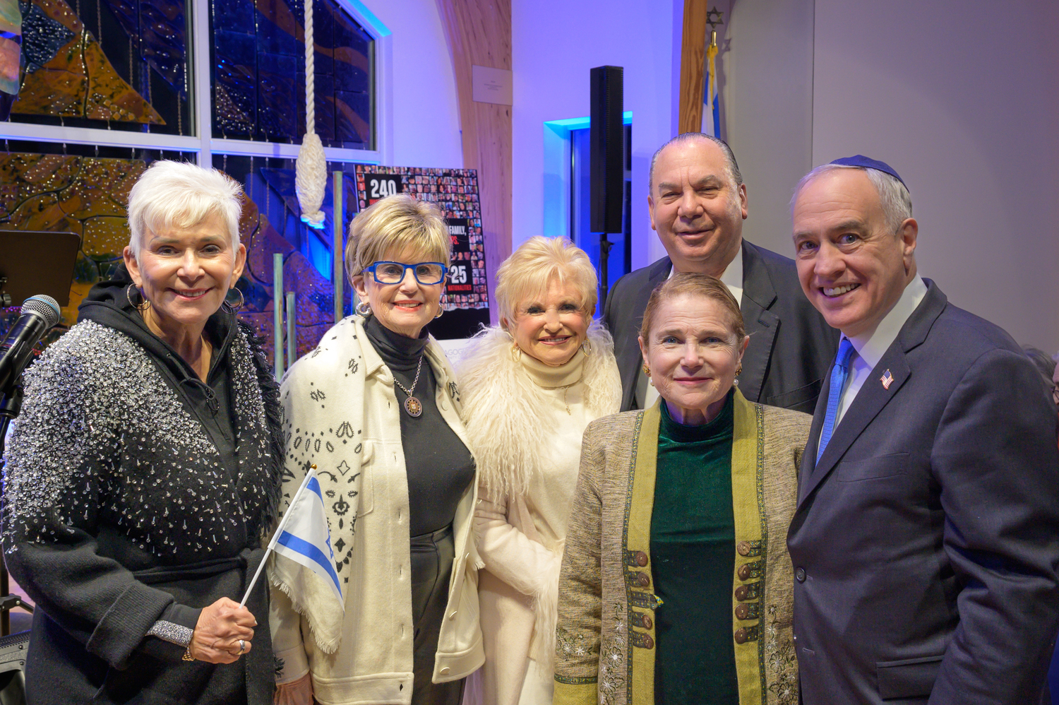 From left, Carol Levin, Sandra Cahn, Victoria Schneps, Tovah Feldshuh, Rabbi Marc Schneier and Comptroller Tom DiNapoli at the Stand With Israel event at the Hampton Synagogue on Saturday night.