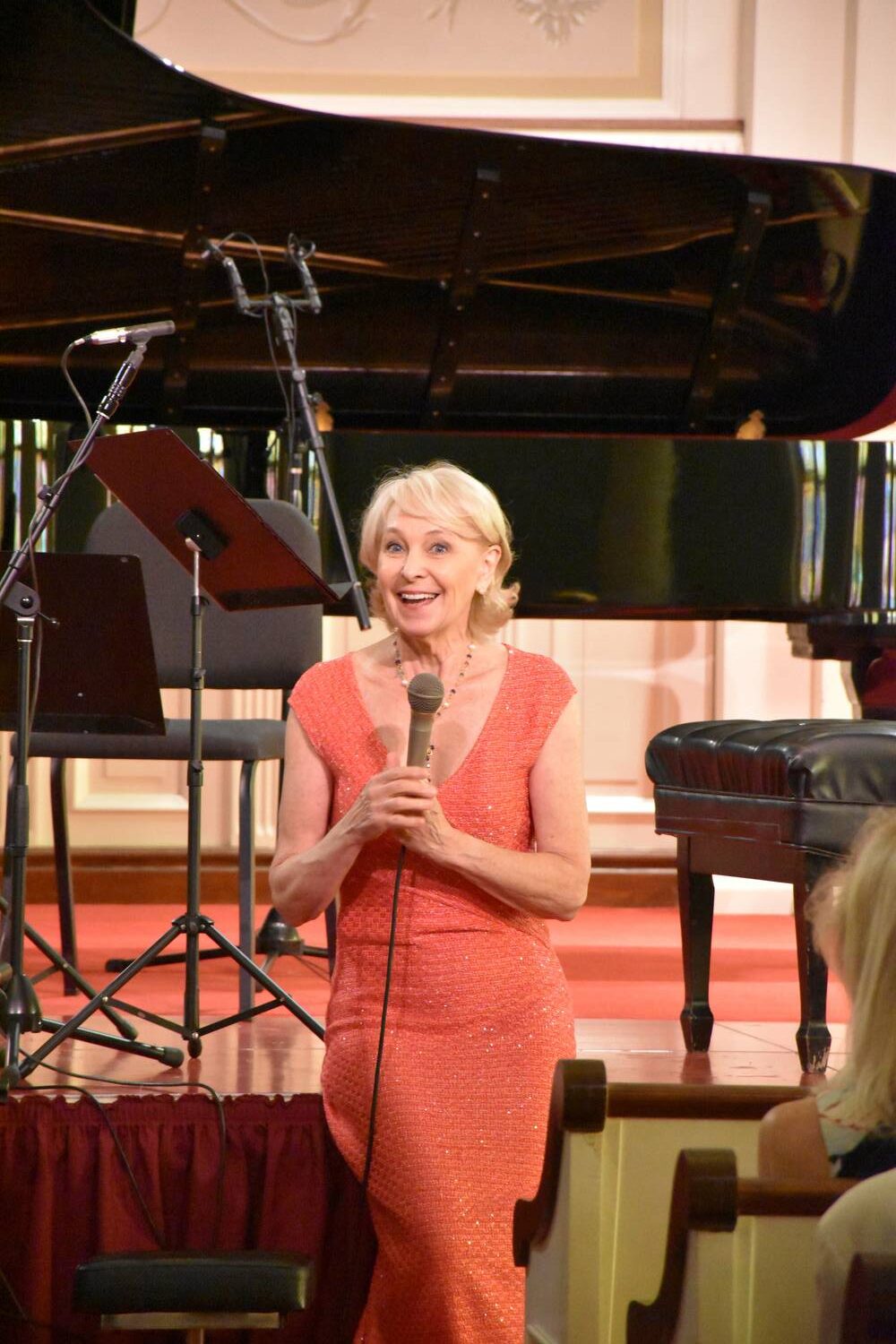 Bridgehampton Chamber Music's Marya Martin introduces a concert during the 2023 summer festival season. COURTESY BCMF