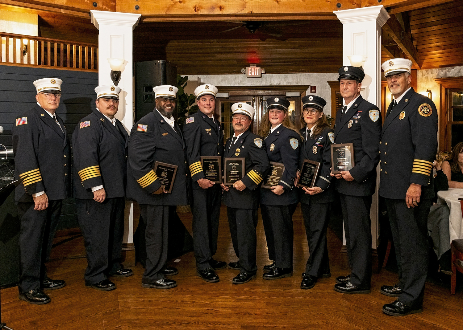 Left to right Southampton Town Chiefs Council Secretary/Treasurer Chris Hansen, Chiefs Council VP Michael Tortorice, Bridgehampton Fire Department Chief Nicholas Hemby,  BFD Ex-Chief Mark Balserus, BFD First Assistant Chief Thomas Federico, 2020 Firefighter of the Year Lt. Meghan Dombowski, 2021 EMS Provider of the Year Elizabeth Kotz, 2020 EMS Provider of the Year Robin Saunders, and Chiefs Council President Roy 