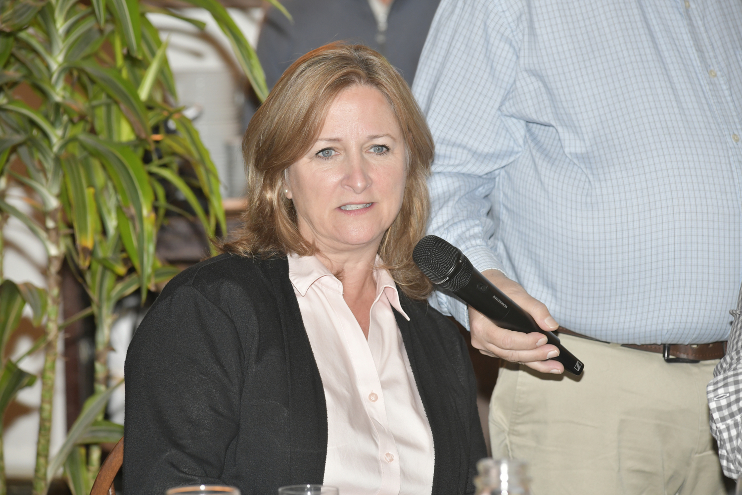 Westhampton Beach Village Mayor Maria Moore poses a question at the Express Session on Thursday.  DANA SHAW