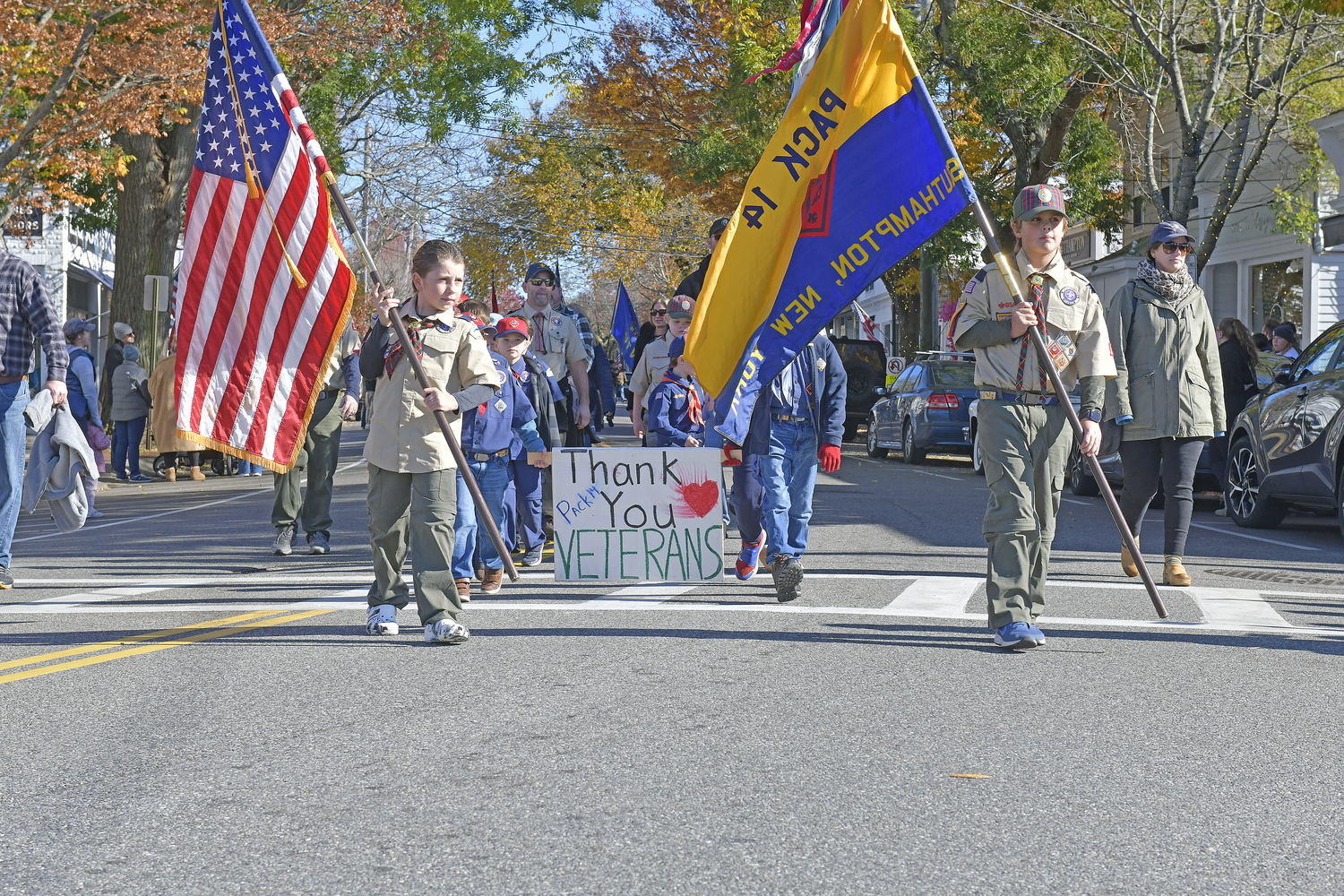 Southampton Cub Scout Pack 14 marches in the Veterans Day parade on Saturday.