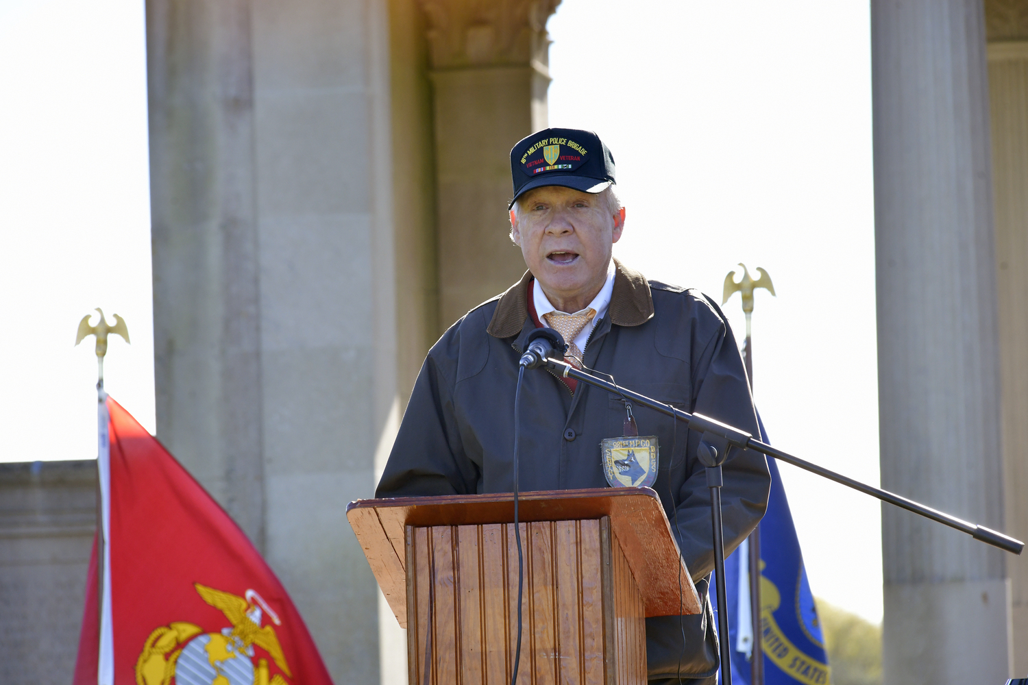 Vietnam Veteran Tom Guldi gives the keynote speech at Veterans Day services in Agawam Park on Saturday.