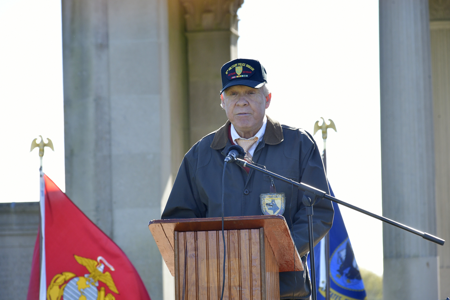Tom Guldi gives the keynote speech at the Southampton Veterans Day observance on Saturday in Agawam Park.   DANA SHAW