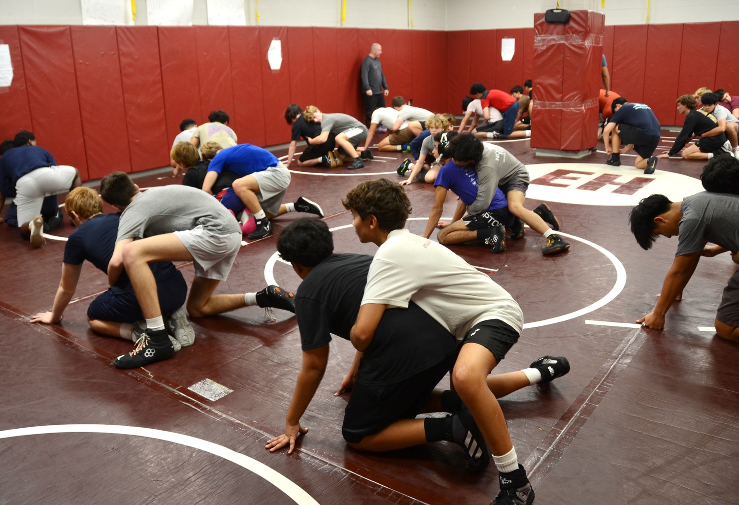 The East Hampton/Pierson wrestling team practices Monday.   KYRIL BROMLEY