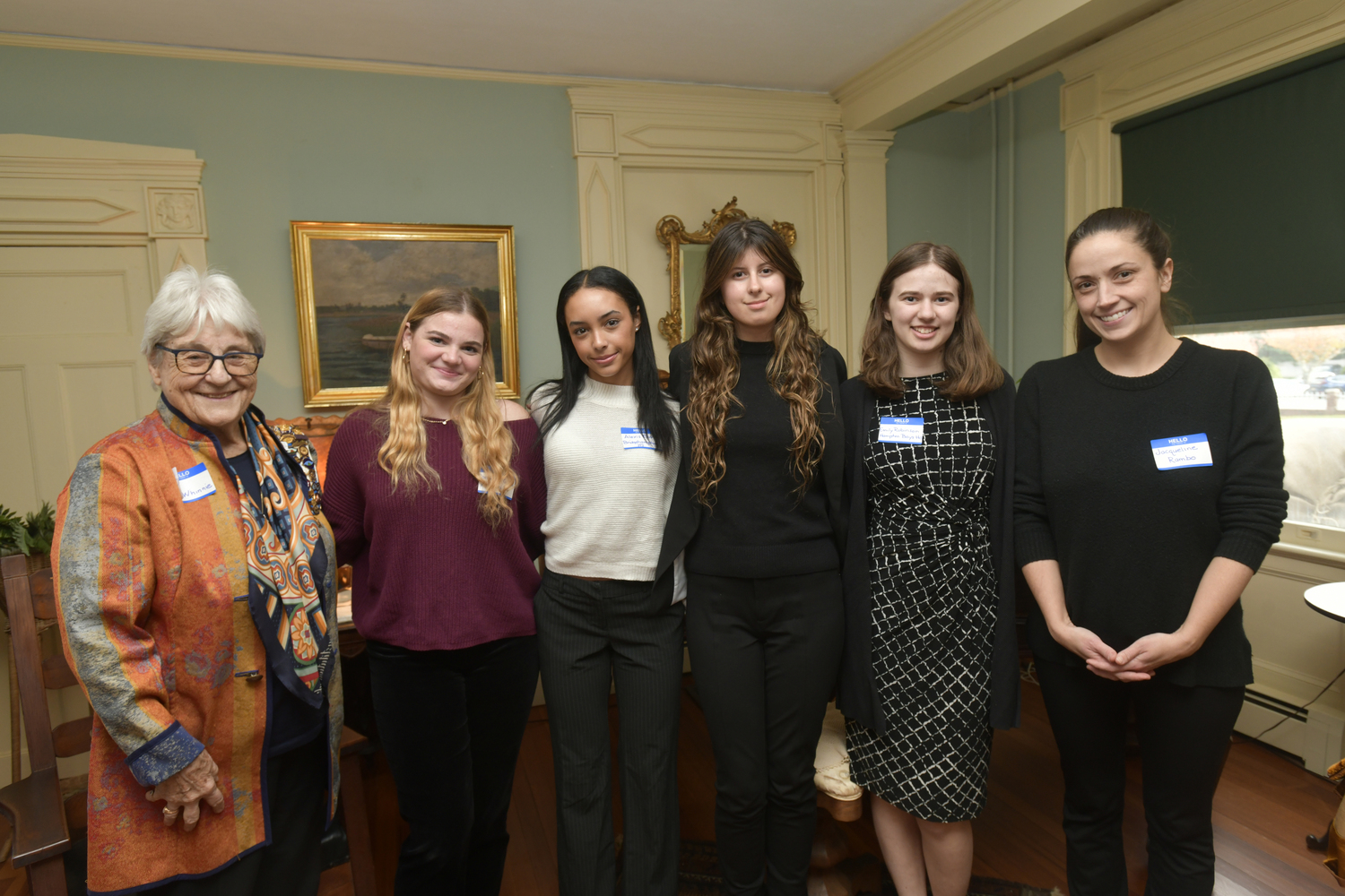 The Southampton Colony Chapter of the National Society of the Daughters of the American Revolution recently awarded local students with its Good Citizen Award. Left to right, Gerrie MacWhinnie, award chair, from Pierson High School, Caroline McGuire; Bridgehampton High School, Alexis Davis; Southampton High School, Rosary Krezalek; Hampton Bays, Emily Robinson;  and Southampton Colony Chapter NSDAR Regent Jacqueline Rambo.   DANA SHAW