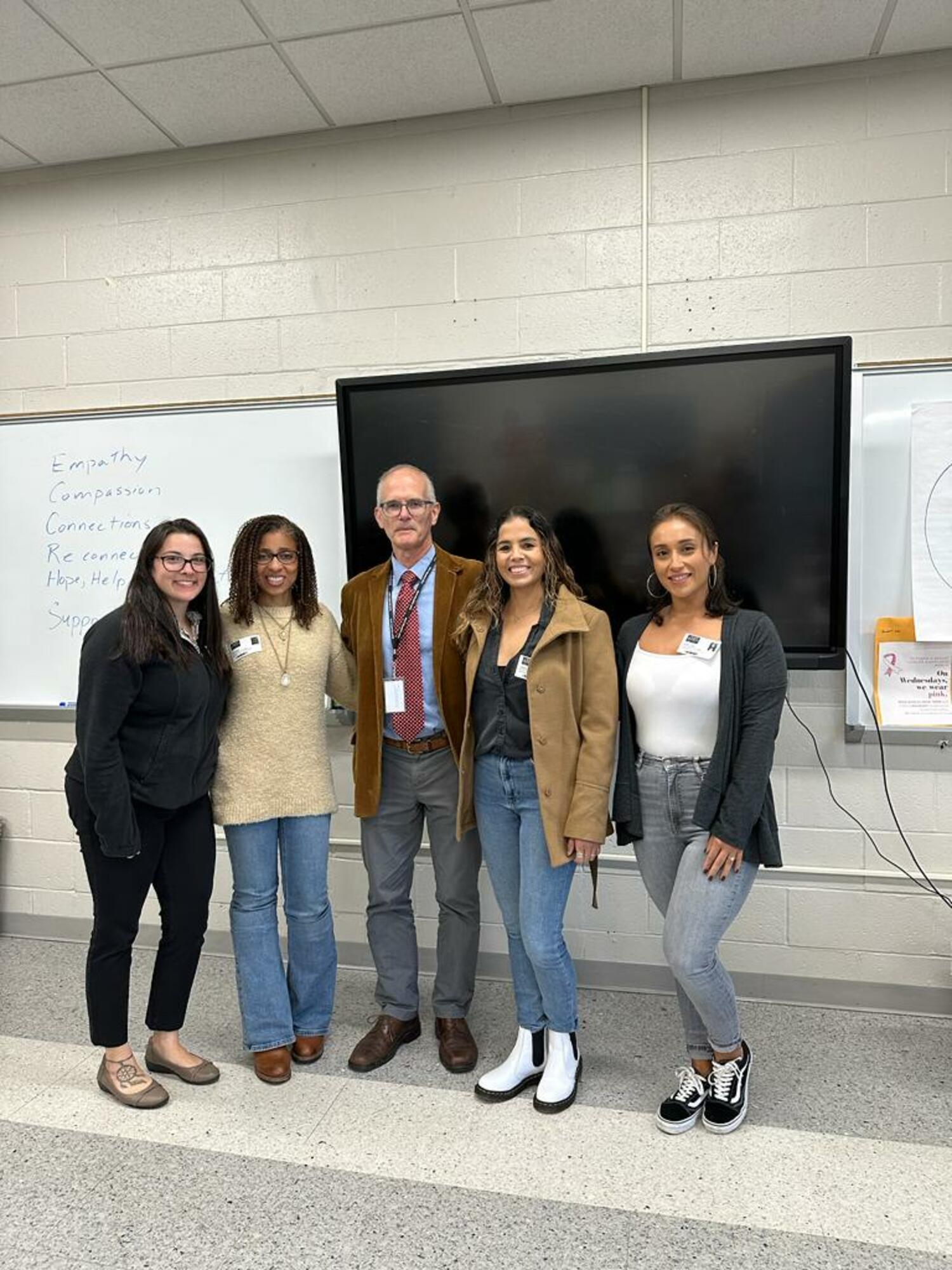 Members of the Youth Connect team visit Jim Stewart's class at East Hampton High School. From left, Melissa Vogt, Faith Evans, Adriana Cardona and Jessica Tovar. COURTESY OLA OF EASTERN LONG ISLAND